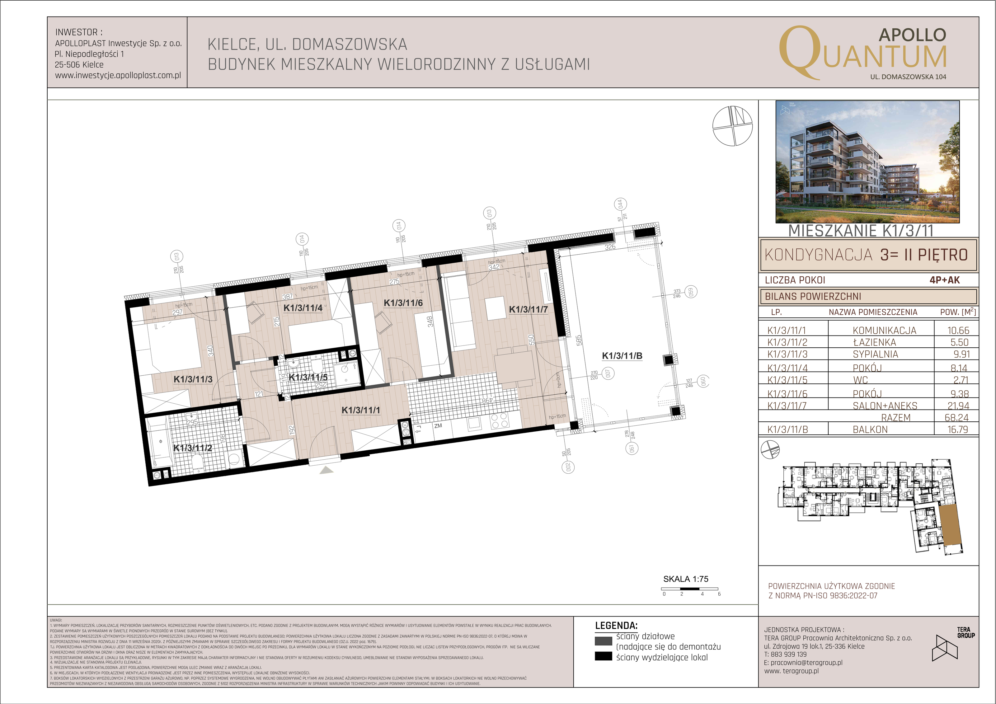 Mieszkanie 61,82 m², piętro 2, oferta nr K1/3/11, Apollo Quantum, Kielce, Nowy Folwark, ul. Domaszowska 104-idx