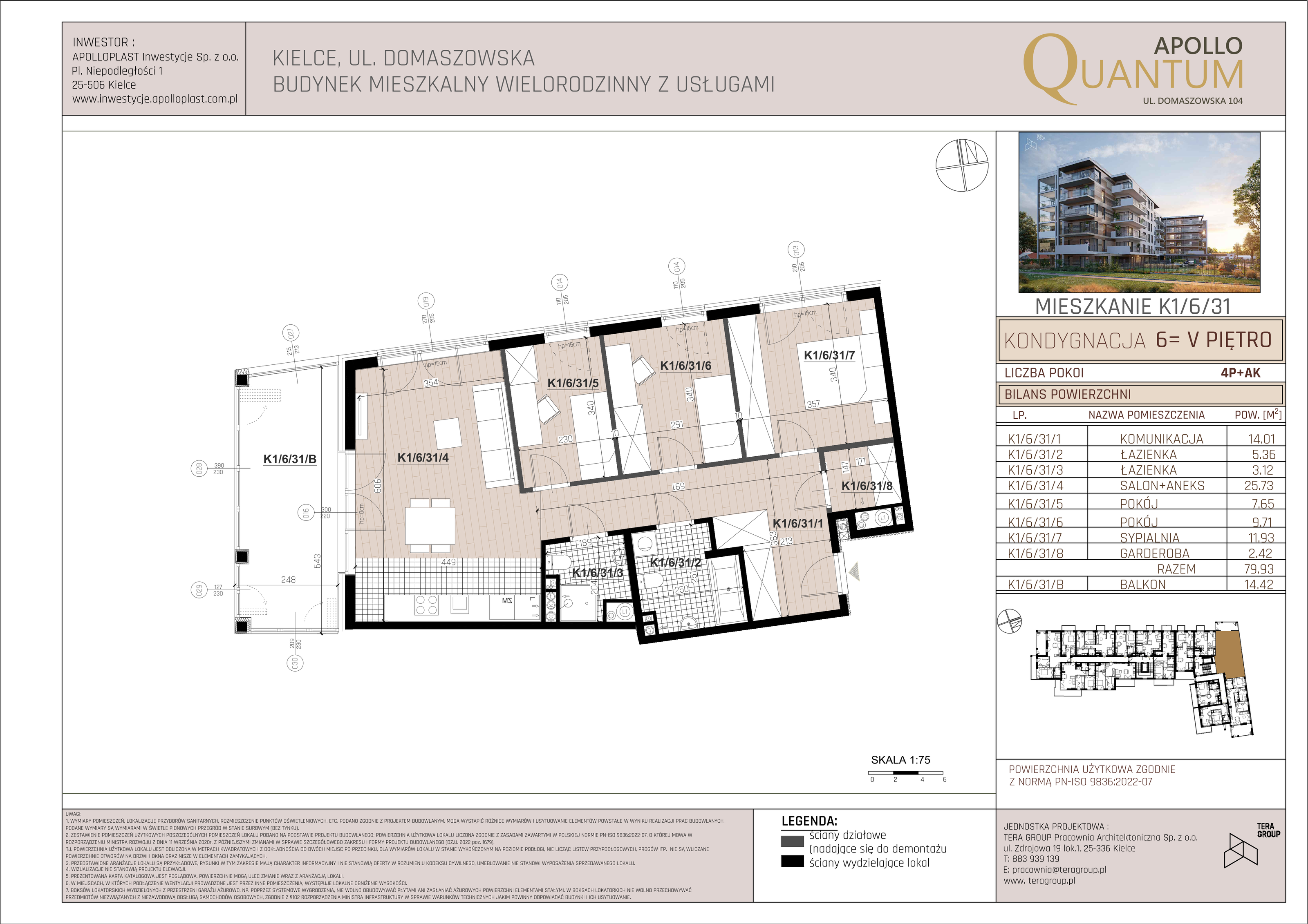 Mieszkanie 50,81 m², piętro 5, oferta nr K1/6/31, Apollo Quantum, Kielce, Nowy Folwark, ul. Domaszowska 104-idx