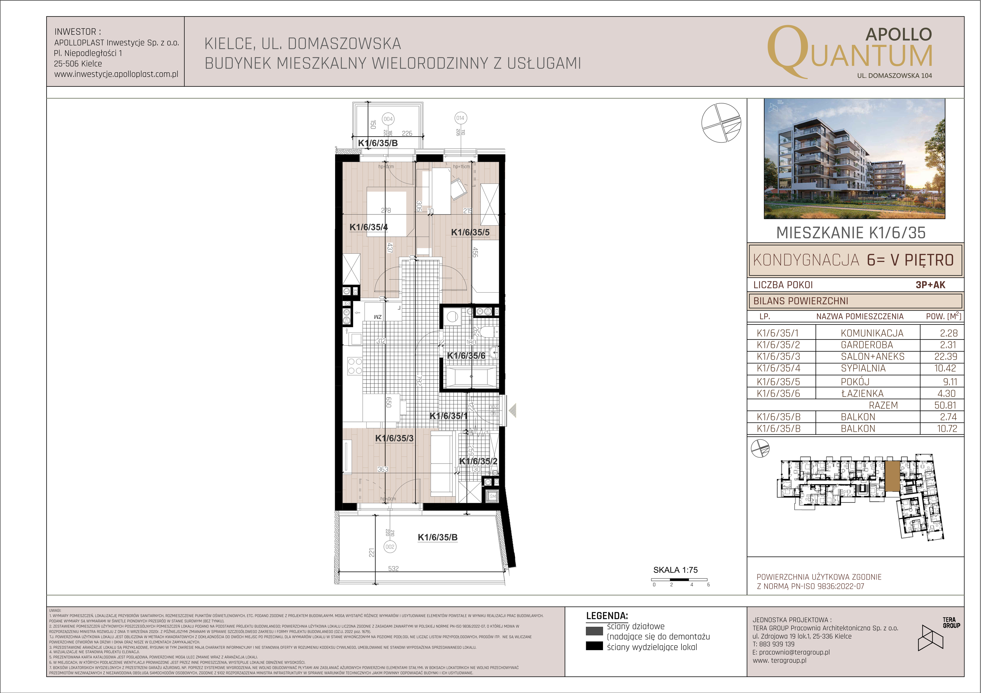 Mieszkanie 35,25 m², piętro 5, oferta nr K1/6/35, Apollo Quantum, Kielce, Nowy Folwark, ul. Domaszowska 104-idx