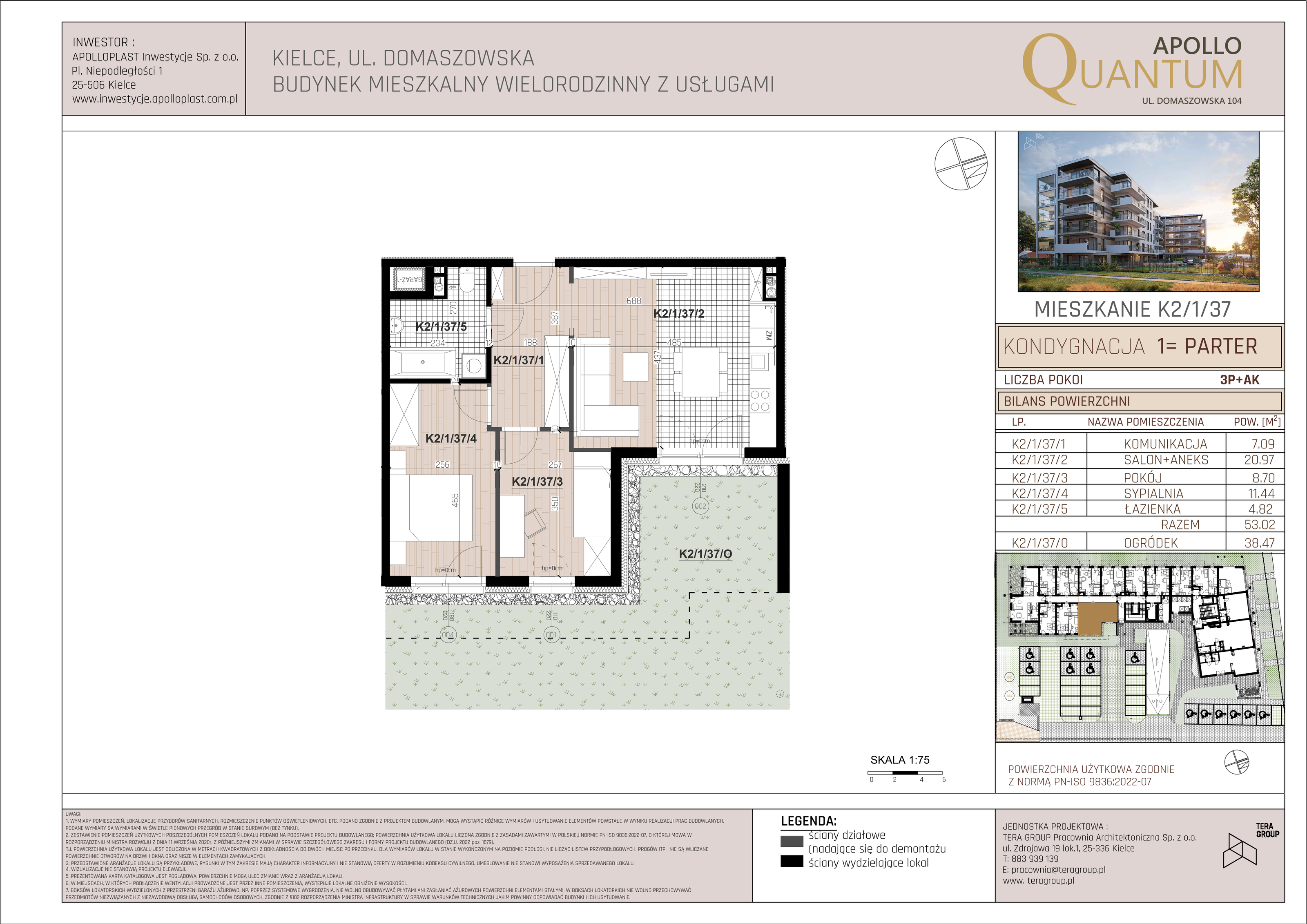 Mieszkanie 53,02 m², parter, oferta nr K2/1/37, Apollo Quantum, Kielce, Nowy Folwark, ul. Domaszowska 104-idx