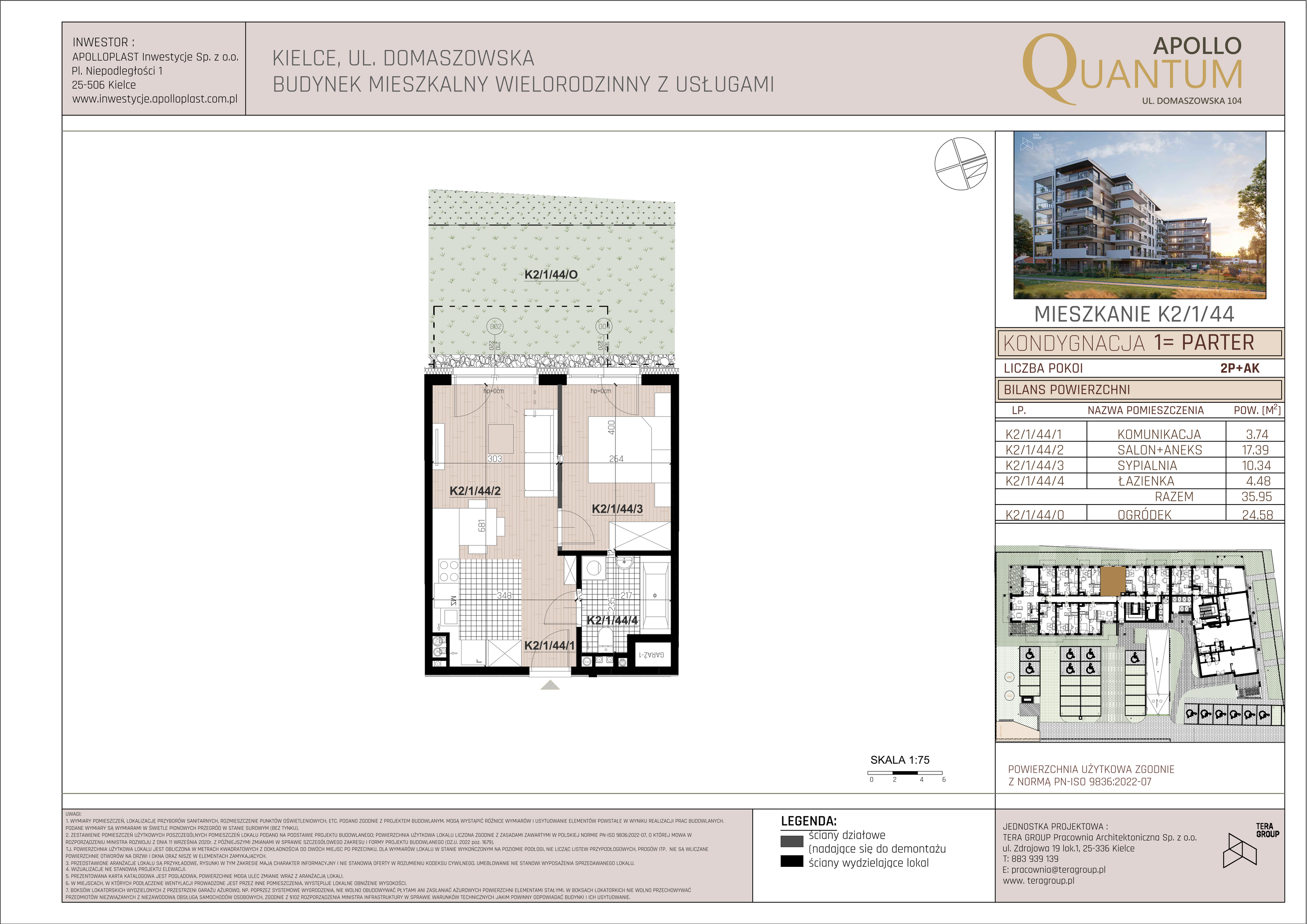 Mieszkanie 35,95 m², parter, oferta nr K2/1/44, Apollo Quantum, Kielce, Nowy Folwark, ul. Domaszowska 104-idx