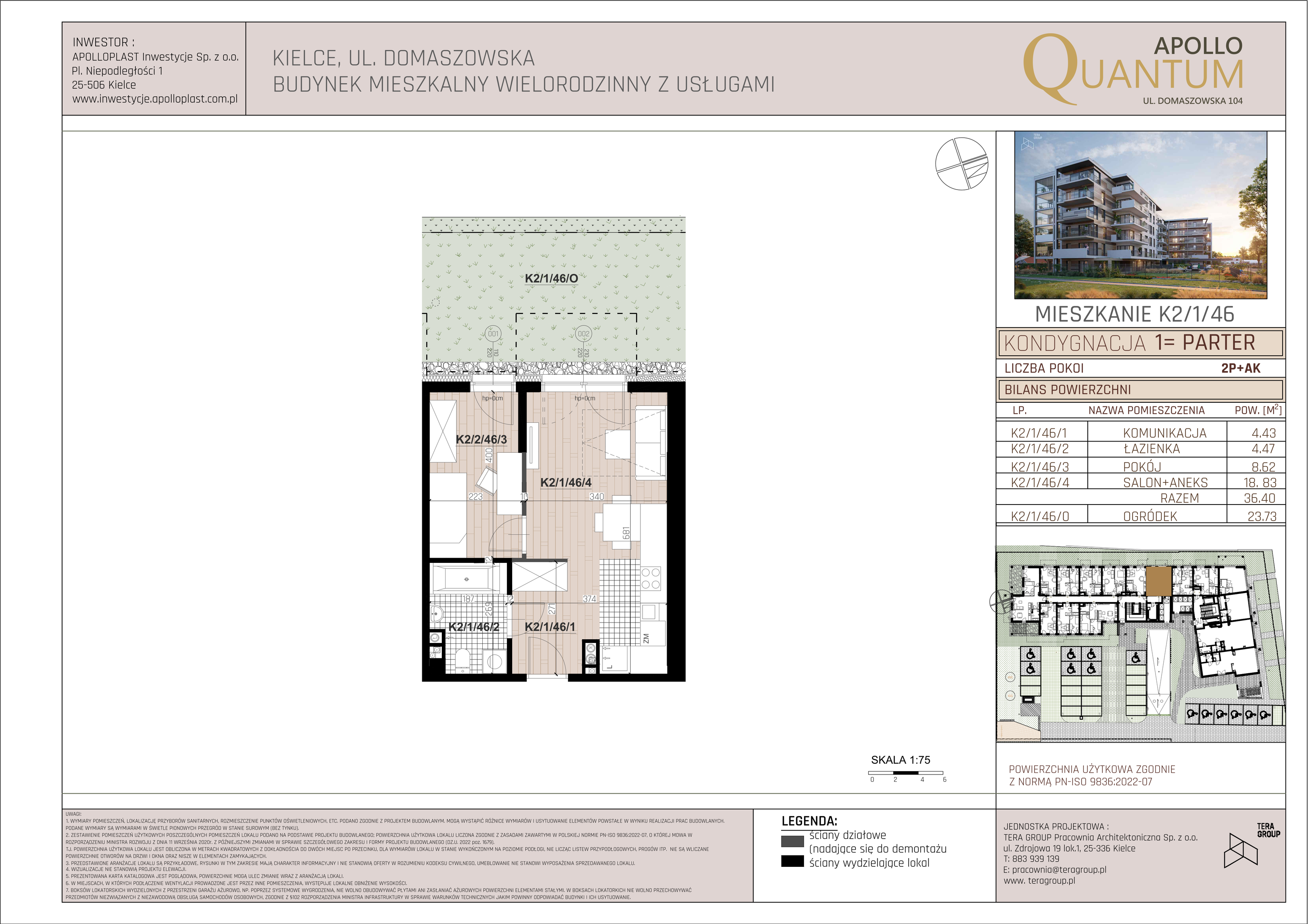 Mieszkanie 36,40 m², parter, oferta nr K2/1/46, Apollo Quantum, Kielce, Nowy Folwark, ul. Domaszowska 104-idx