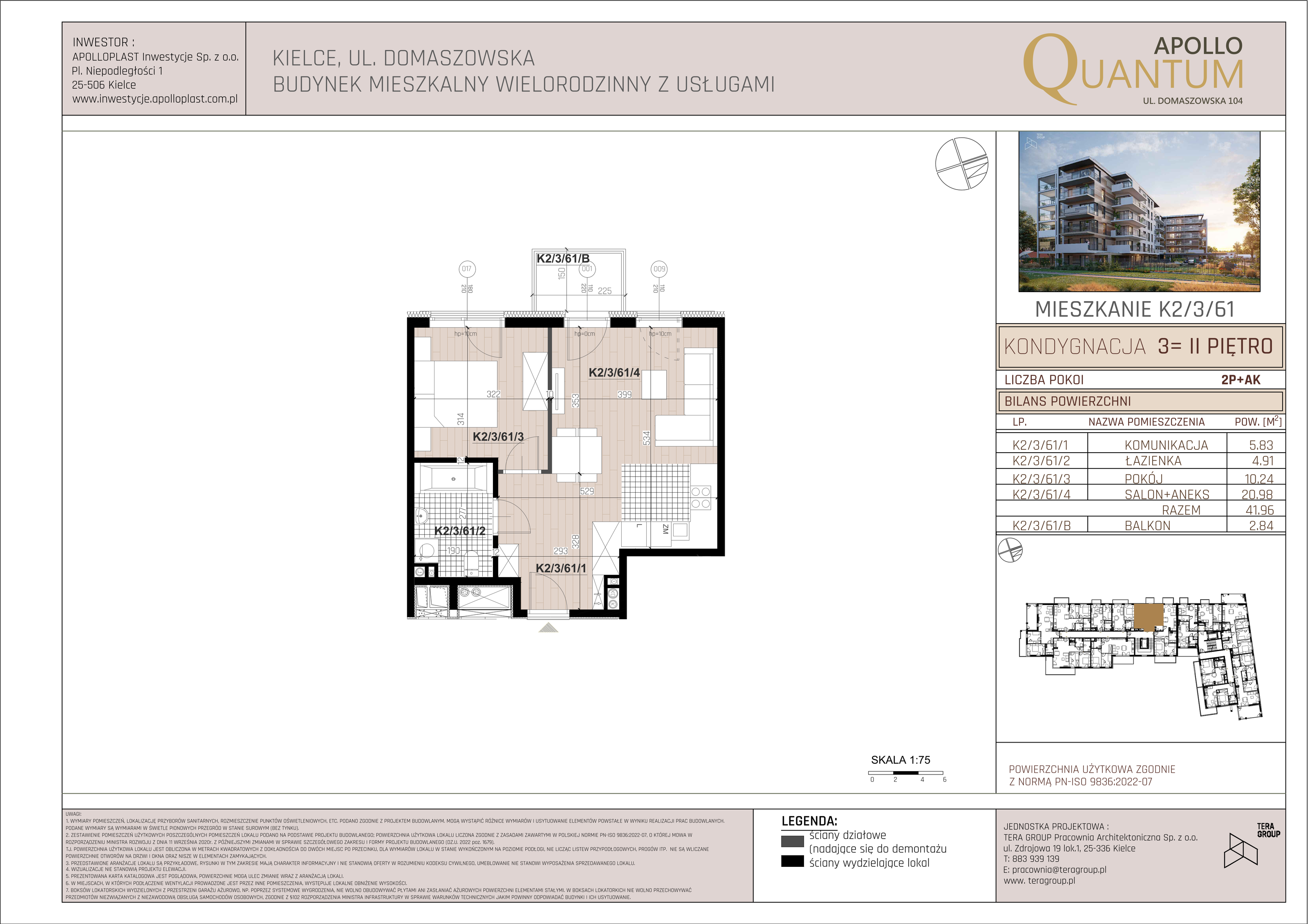 Mieszkanie 41,96 m², piętro 2, oferta nr K2/3/61, Apollo Quantum, Kielce, Nowy Folwark, ul. Domaszowska 104-idx