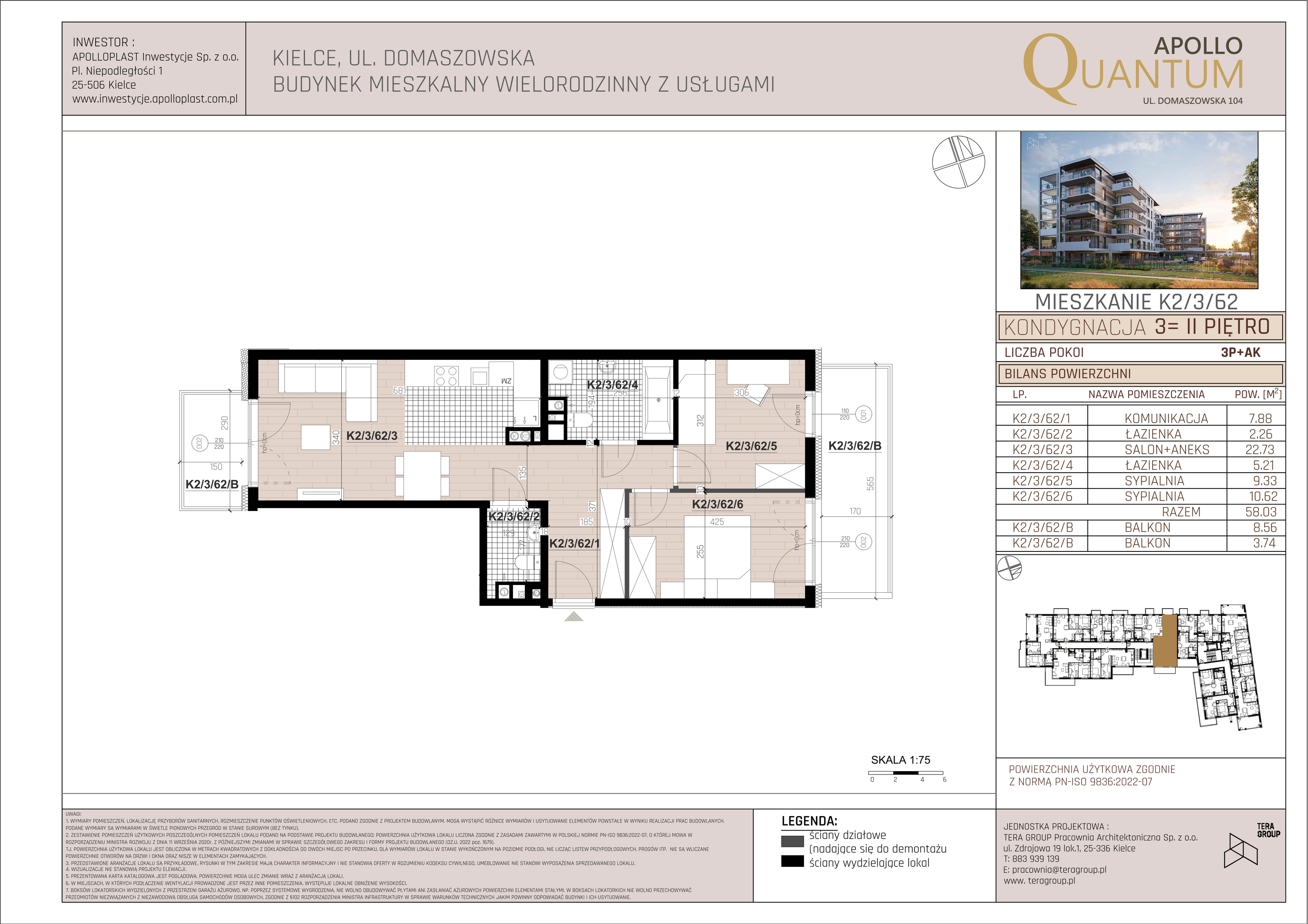 Mieszkanie 58,03 m², piętro 2, oferta nr K2/3/62, Apollo Quantum, Kielce, Nowy Folwark, ul. Domaszowska 104-idx