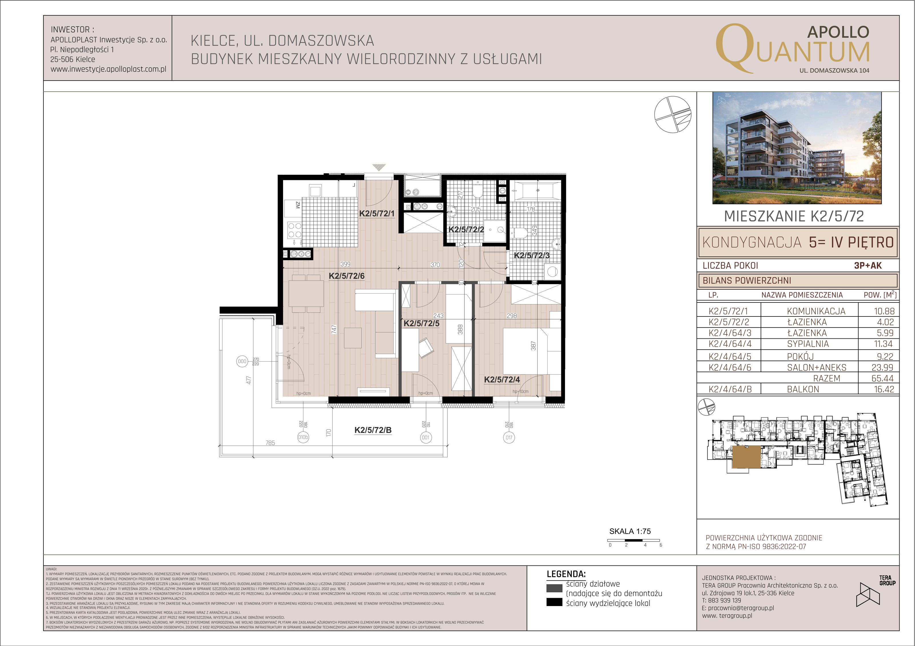 Mieszkanie 65,44 m², piętro 4, oferta nr K2/5/72, Apollo Quantum, Kielce, Nowy Folwark, ul. Domaszowska 104-idx