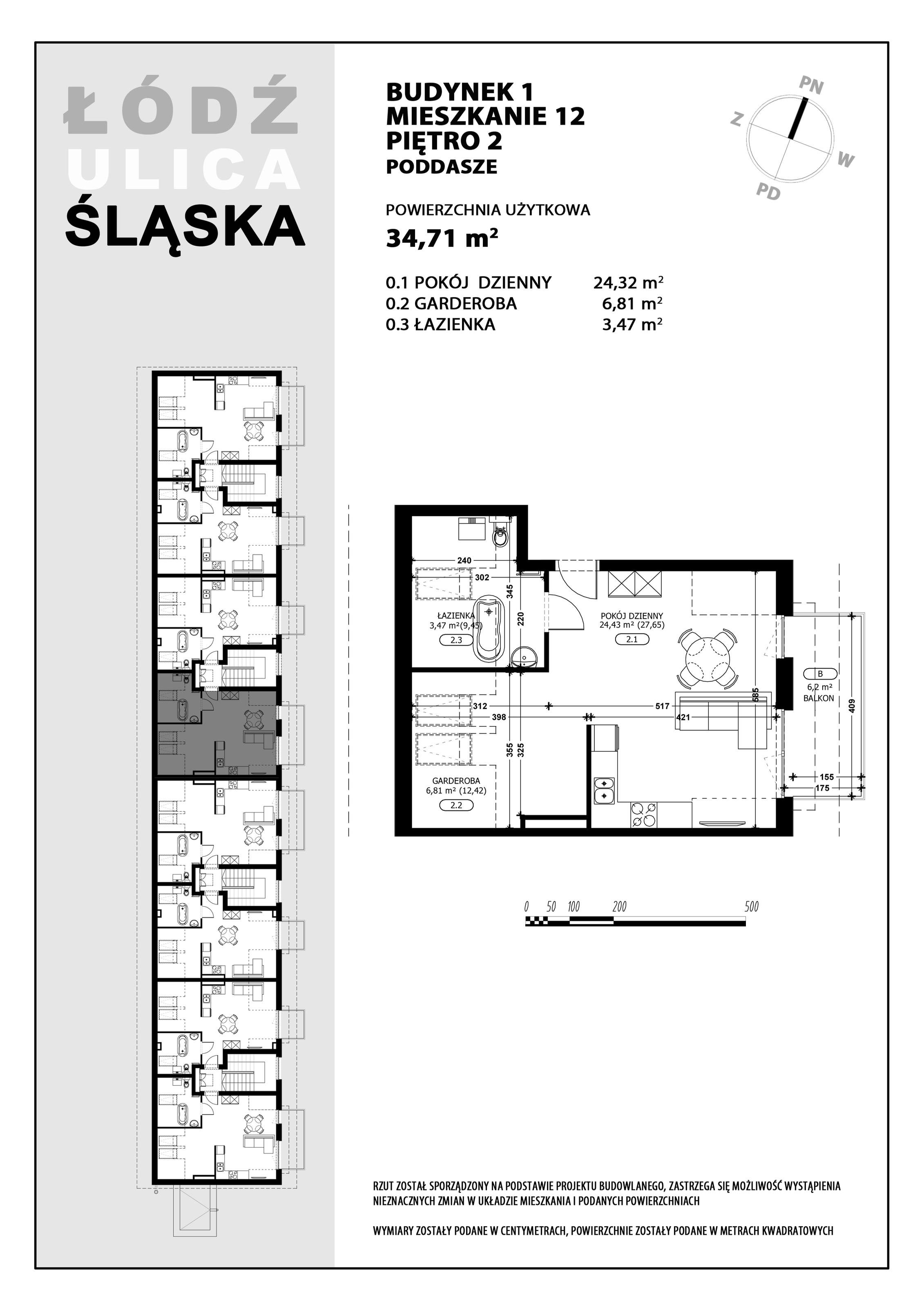 Mieszkanie 34,71 m², piętro 2, oferta nr B1-M12, Śląska Park, Łódź, Górna, Chojny-Dąbrowa, ul. Śląska 39-idx