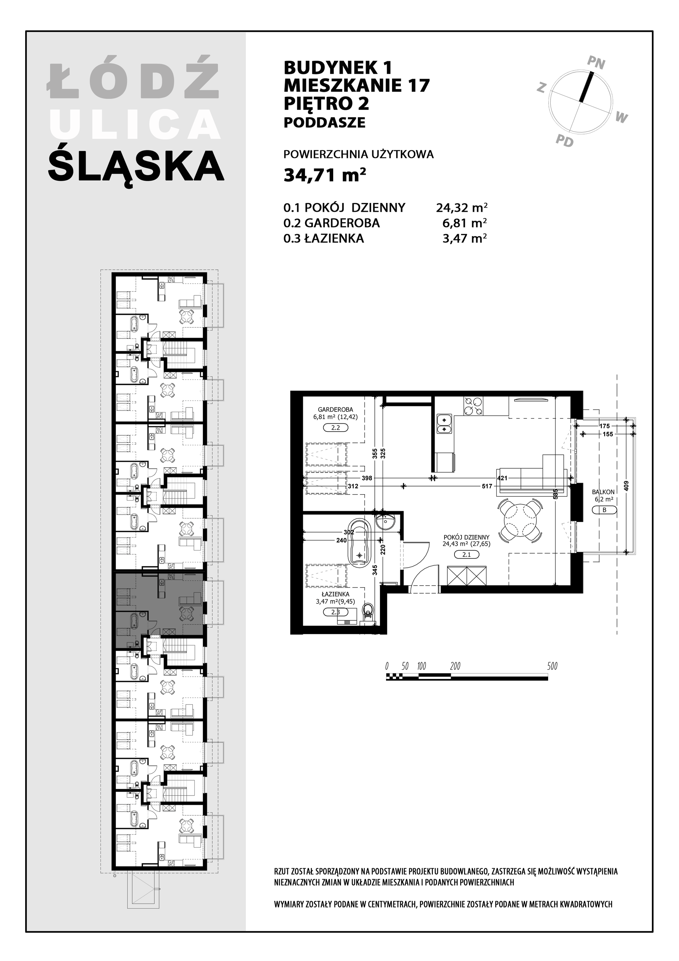 Mieszkanie 34,71 m², piętro 2, oferta nr B1-M17, Śląska Park, Łódź, Górna, Chojny-Dąbrowa, ul. Śląska 39-idx