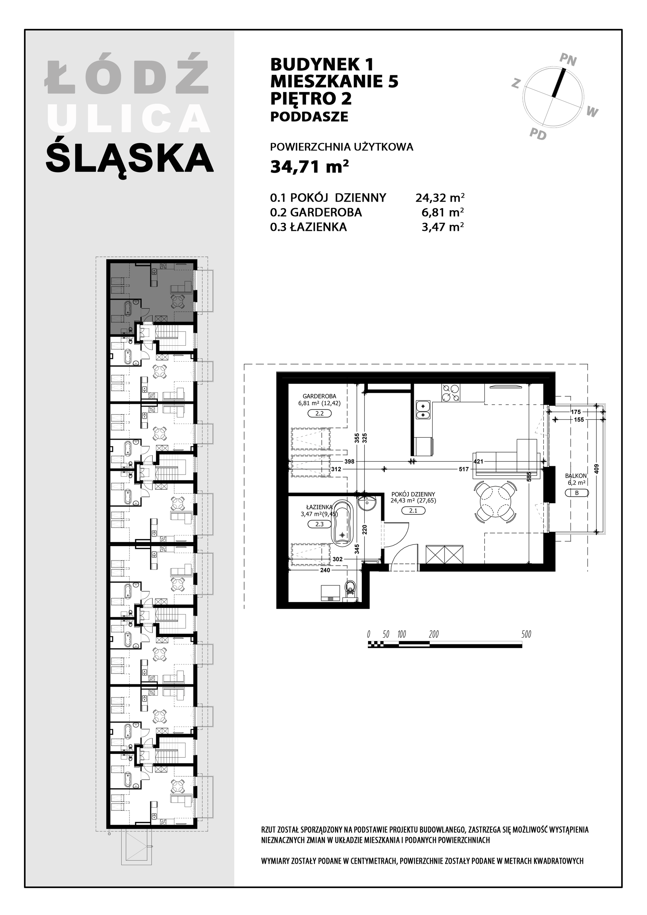 Mieszkanie 34,71 m², piętro 2, oferta nr B1-M5, Śląska Park, Łódź, Górna, Chojny-Dąbrowa, ul. Śląska 39-idx