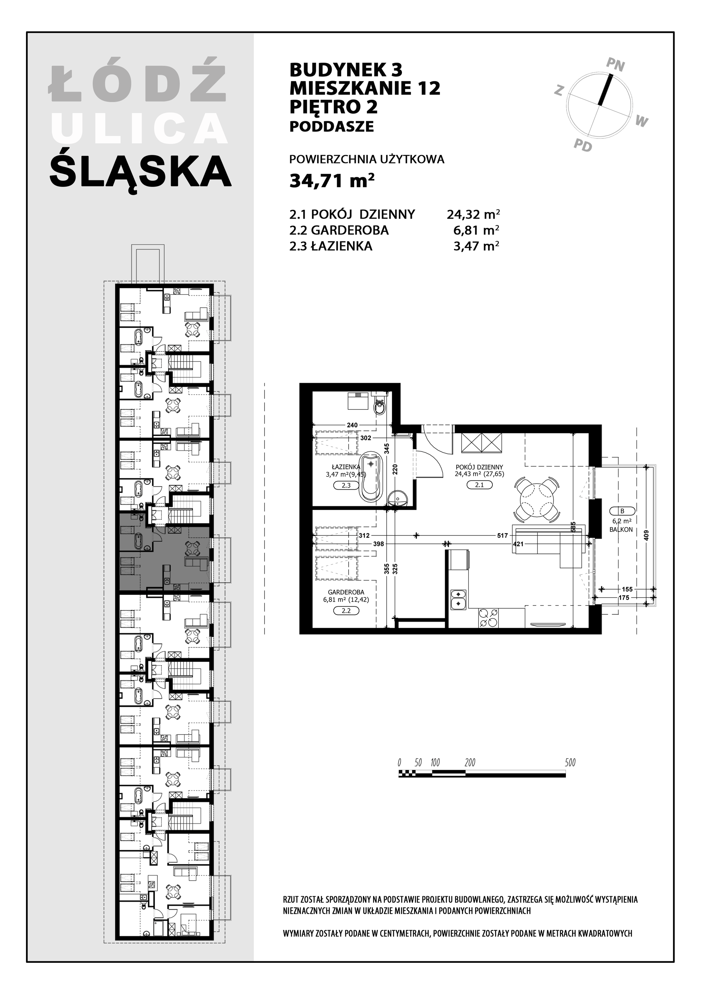 Mieszkanie 34,71 m², piętro 2, oferta nr B3-M12, Śląska Park, Łódź, Górna, Chojny-Dąbrowa, ul. Śląska 39-idx