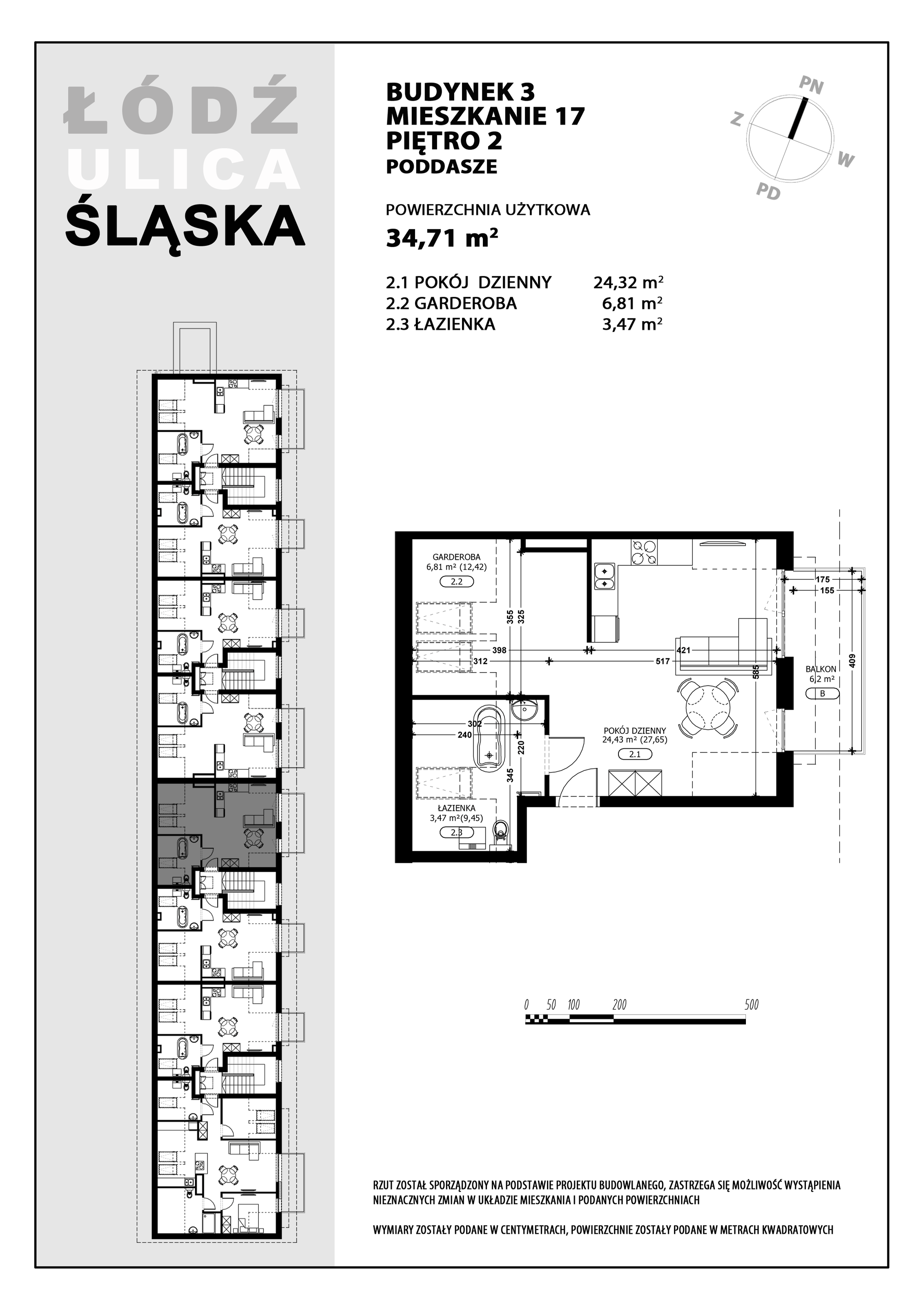 Mieszkanie 34,71 m², piętro 2, oferta nr B3-M17, Śląska Park, Łódź, Górna, Chojny-Dąbrowa, ul. Śląska 39-idx