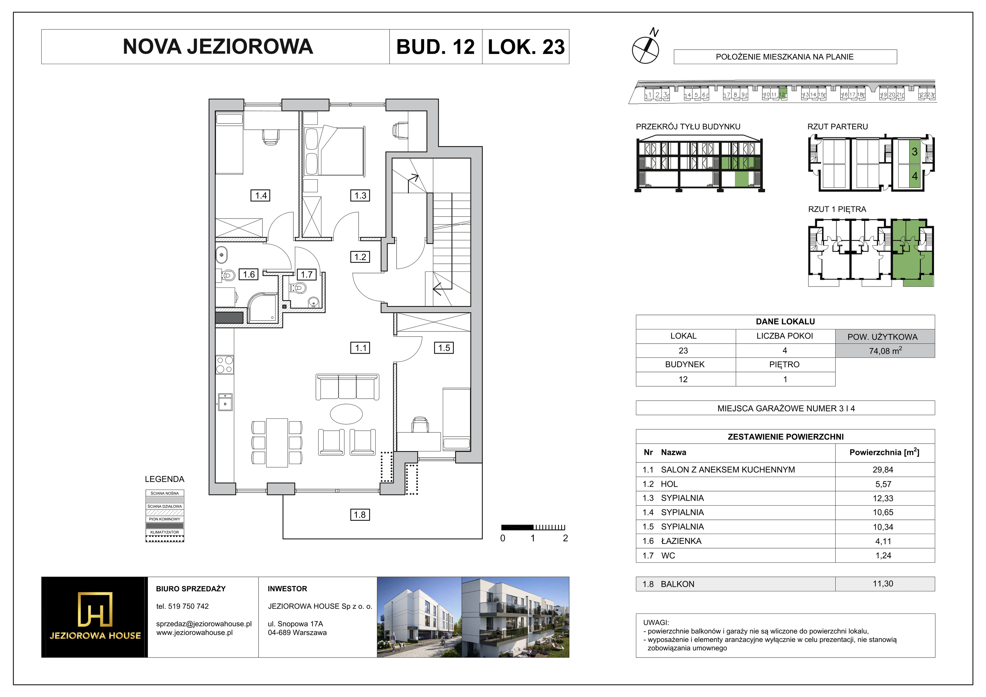 Mieszkanie 74,08 m², piętro 1, oferta nr 23, Nova Jeziorowa, Warszawa, Wawer, Zerzeń, ul. Jeziorowa-idx