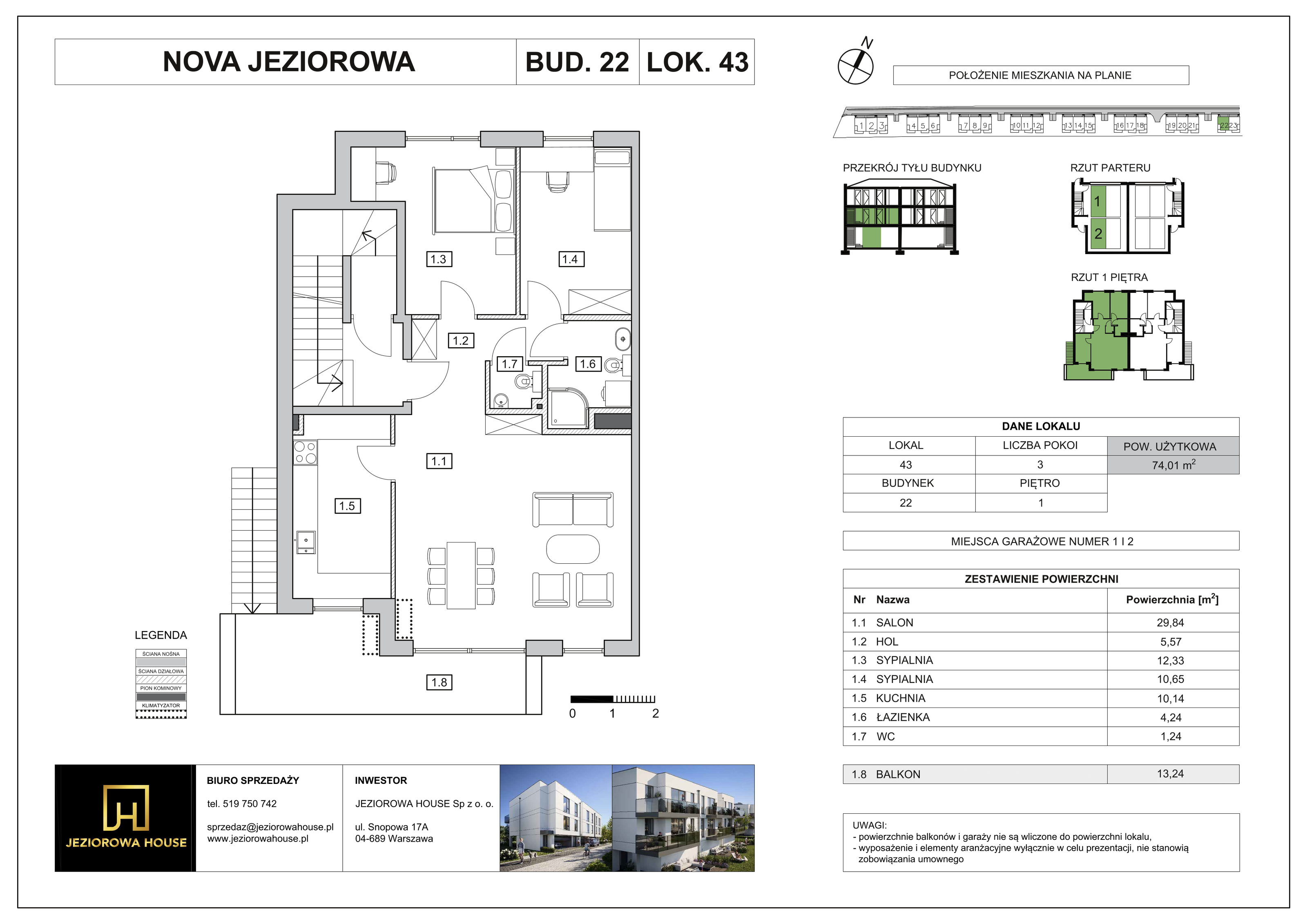 Mieszkanie 74,08 m², piętro 1, oferta nr 43, Nova Jeziorowa, Warszawa, Wawer, Zerzeń, ul. Jeziorowa-idx