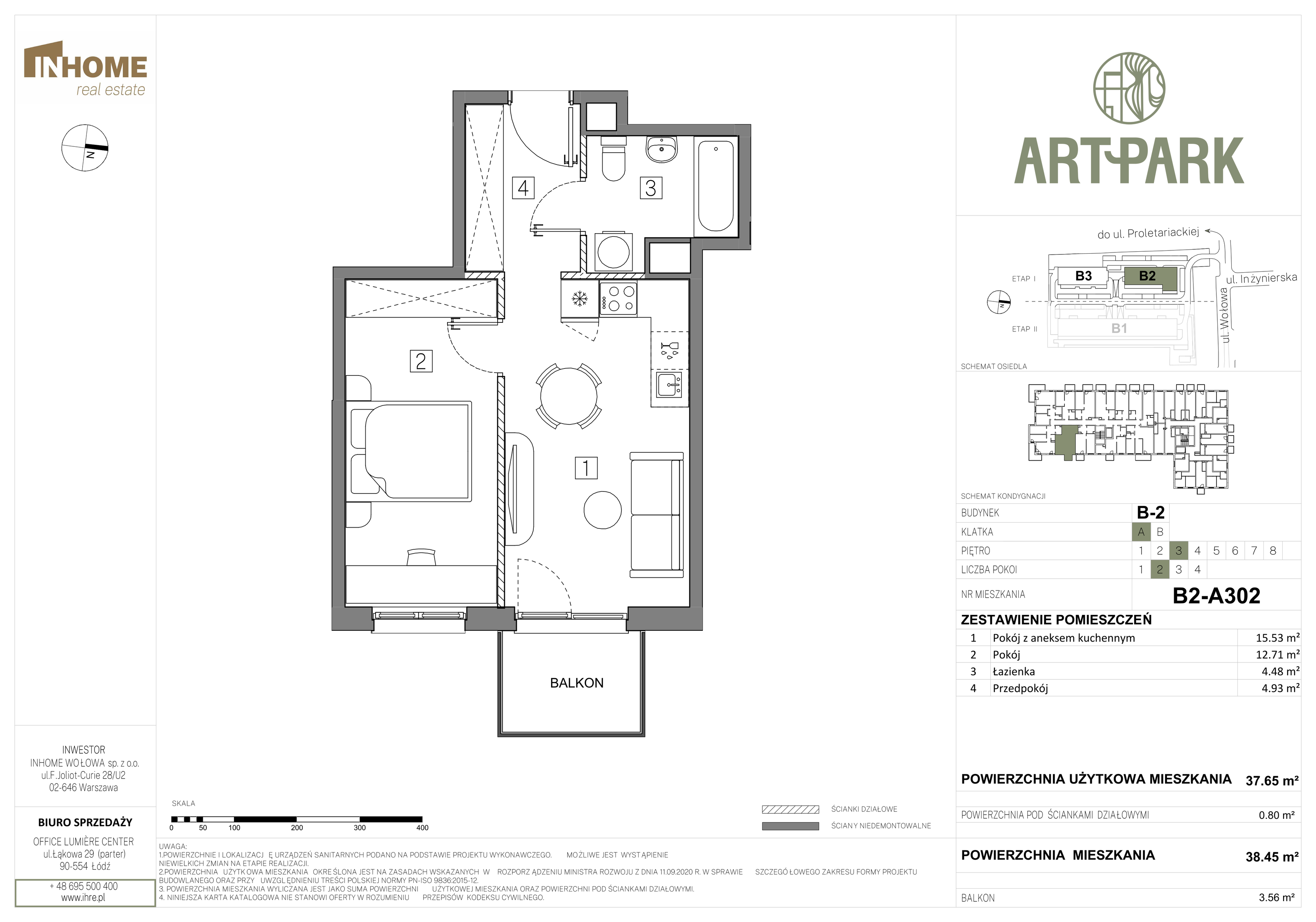 Mieszkanie 38,45 m², piętro 3, oferta nr B2/A302, ArtPark, Łódź, Polesie, ul. Wołowa-idx