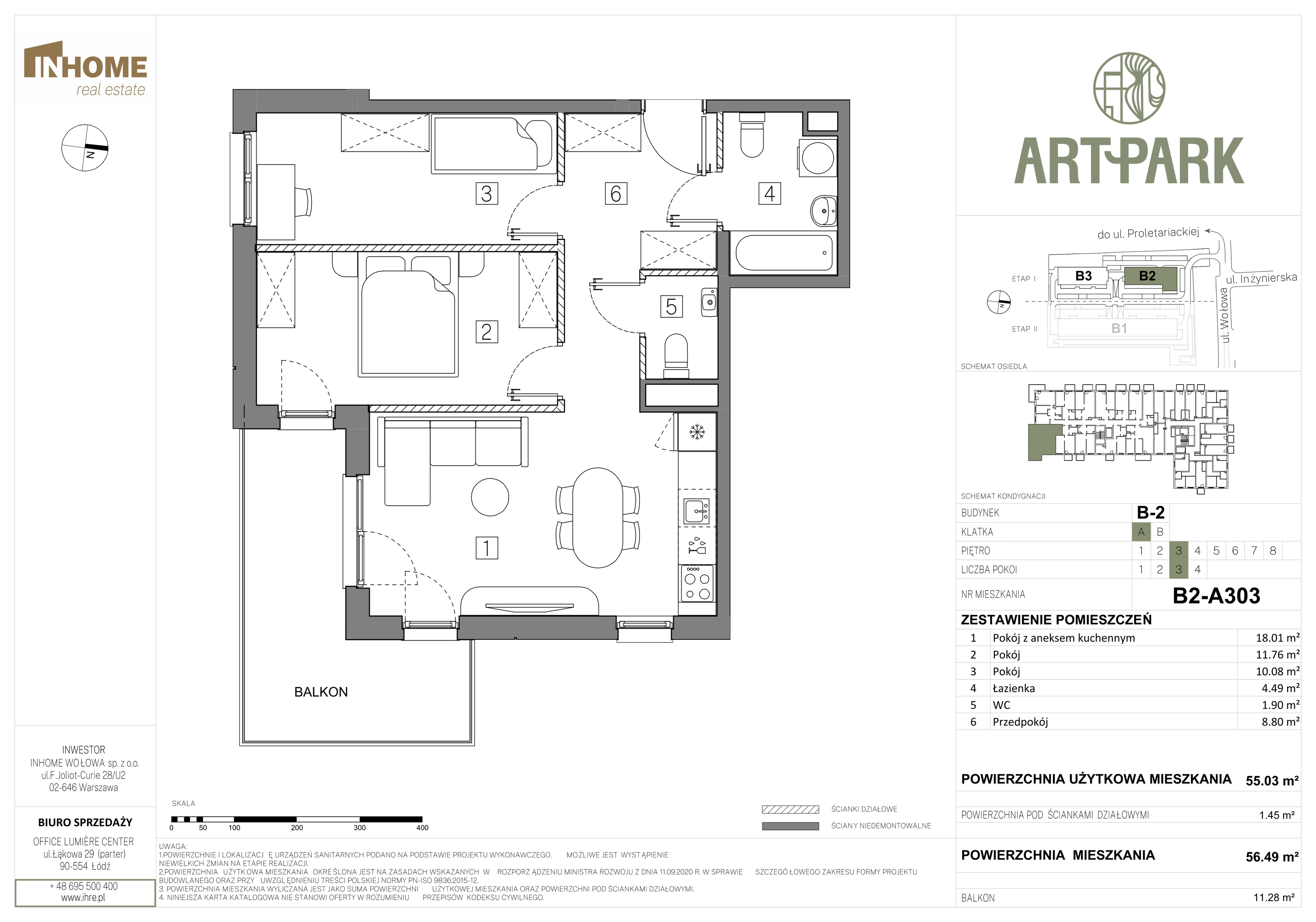 Mieszkanie 56,49 m², piętro 3, oferta nr B2/A303, ArtPark, Łódź, Polesie, ul. Wołowa-idx