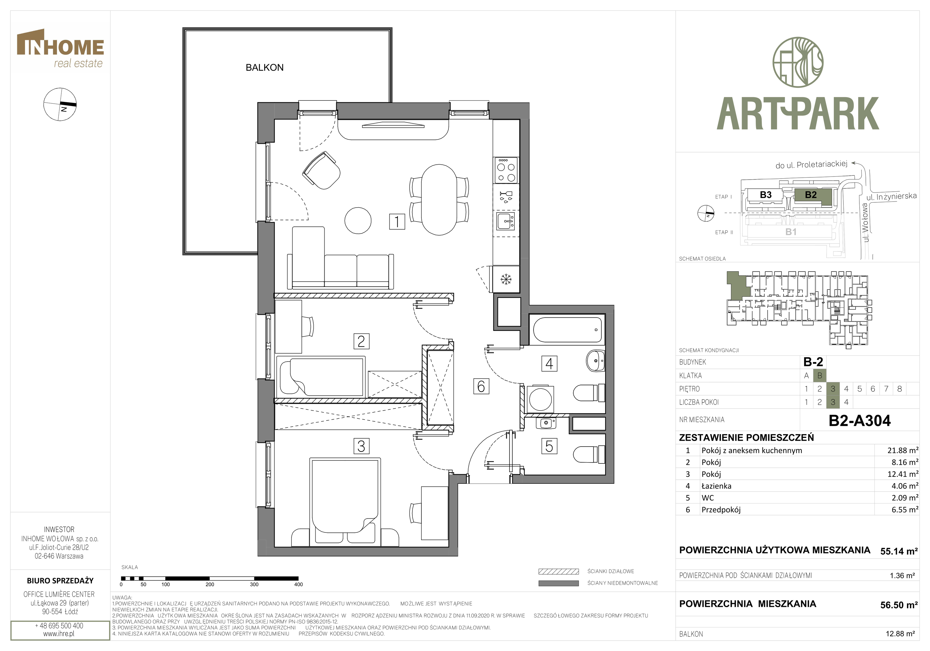 Mieszkanie 56,50 m², piętro 3, oferta nr B2/A304, ArtPark, Łódź, Polesie, ul. Wołowa-idx