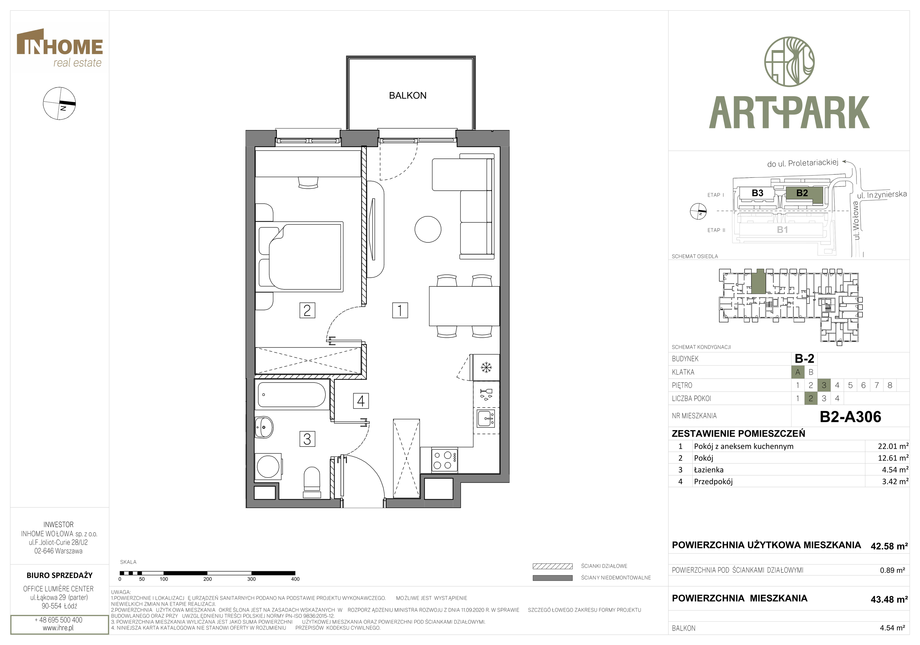 Mieszkanie 43,48 m², piętro 3, oferta nr B2/A306, ArtPark, Łódź, Polesie, ul. Wołowa-idx