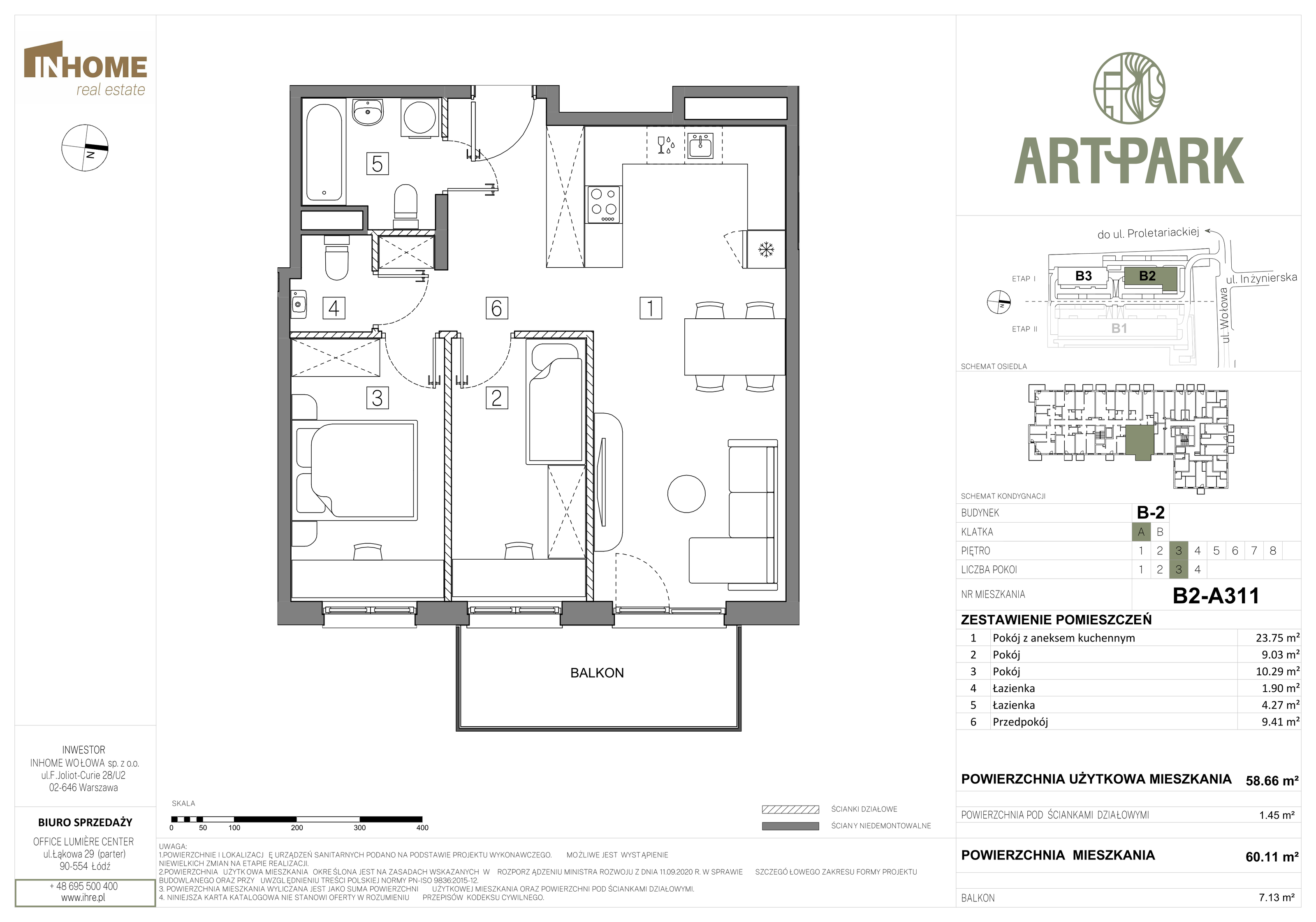 Mieszkanie 60,11 m², piętro 3, oferta nr B2/A311, ArtPark, Łódź, Polesie, ul. Wołowa-idx