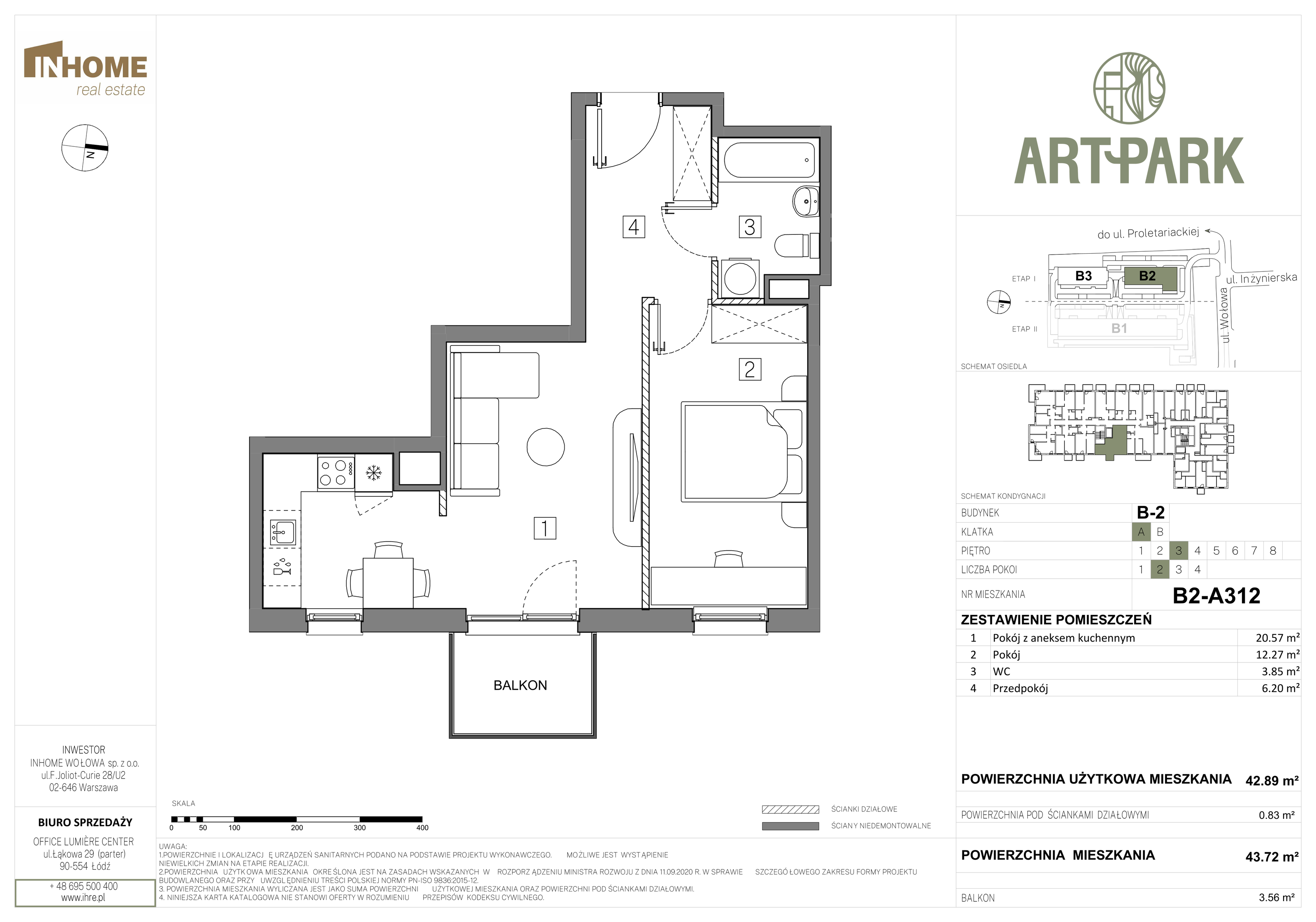 Mieszkanie 43,72 m², piętro 3, oferta nr B2/A312, ArtPark, Łódź, Polesie, ul. Wołowa-idx