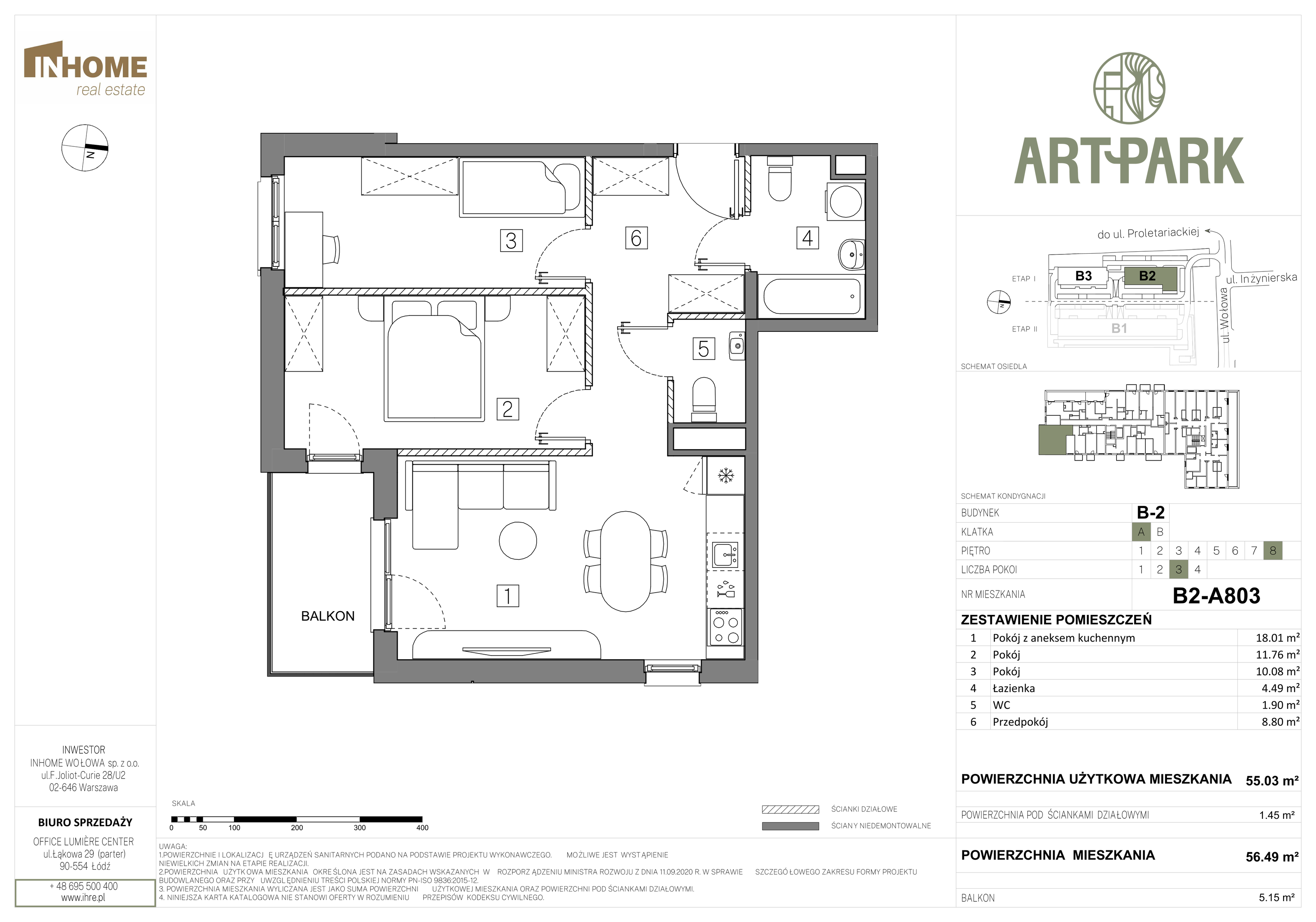 Mieszkanie 56,49 m², piętro 8, oferta nr B2/A803, ArtPark, Łódź, Polesie, ul. Wołowa-idx