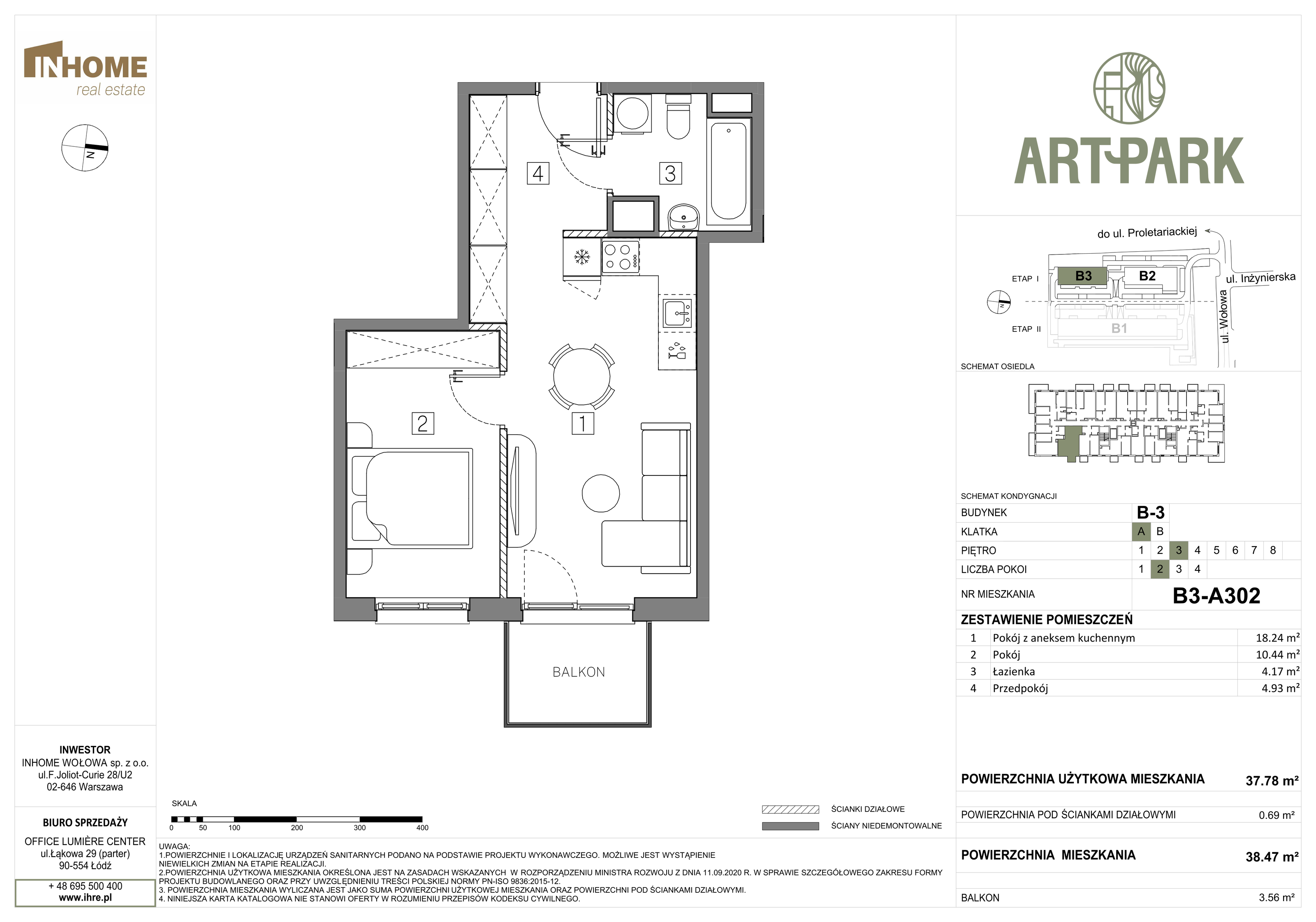 Mieszkanie 38,47 m², piętro 3, oferta nr B3/A302, ArtPark, Łódź, Polesie, ul. Wołowa-idx