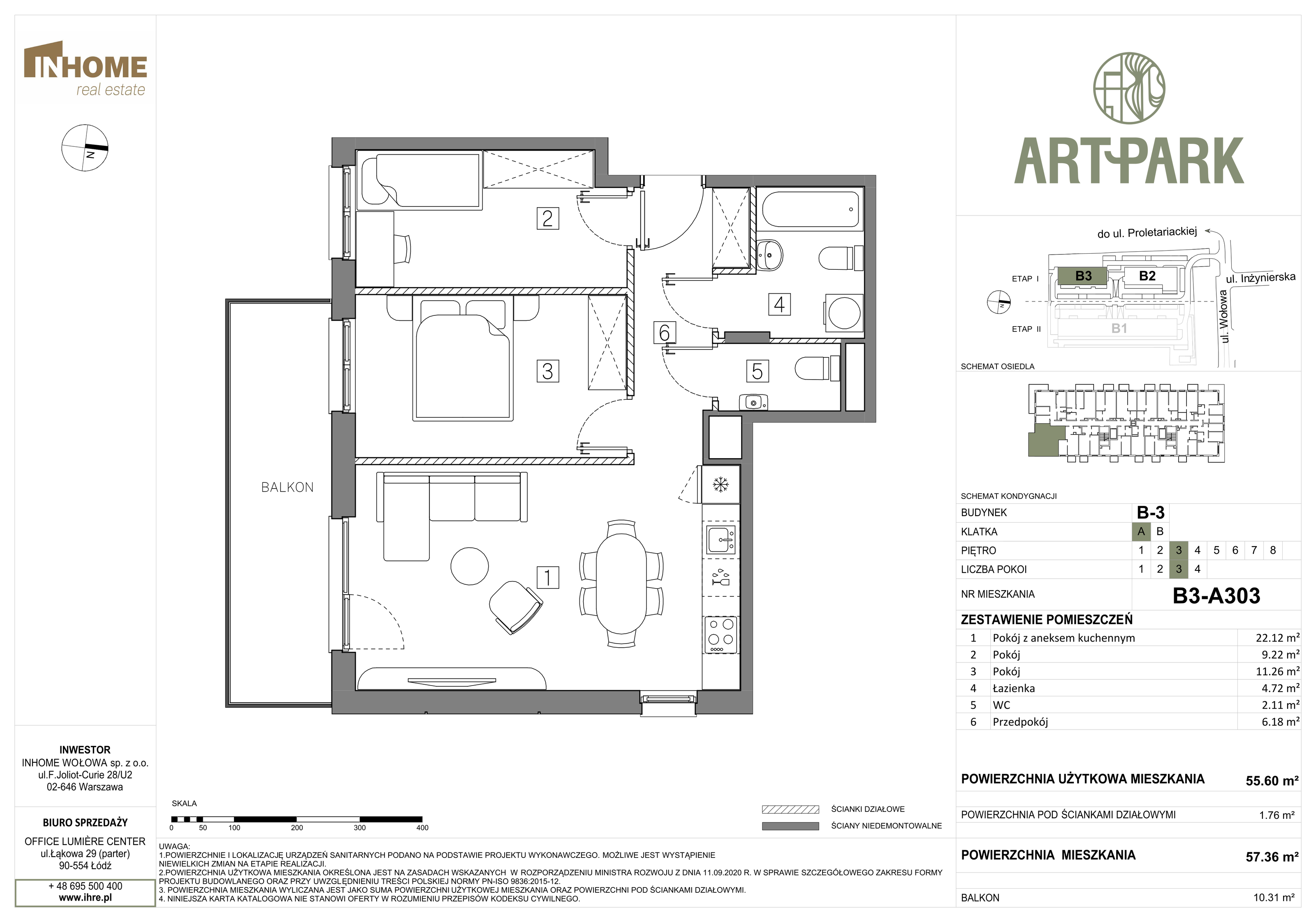 Mieszkanie 57,36 m², piętro 3, oferta nr B3/A303, ArtPark, Łódź, Polesie, ul. Wołowa-idx