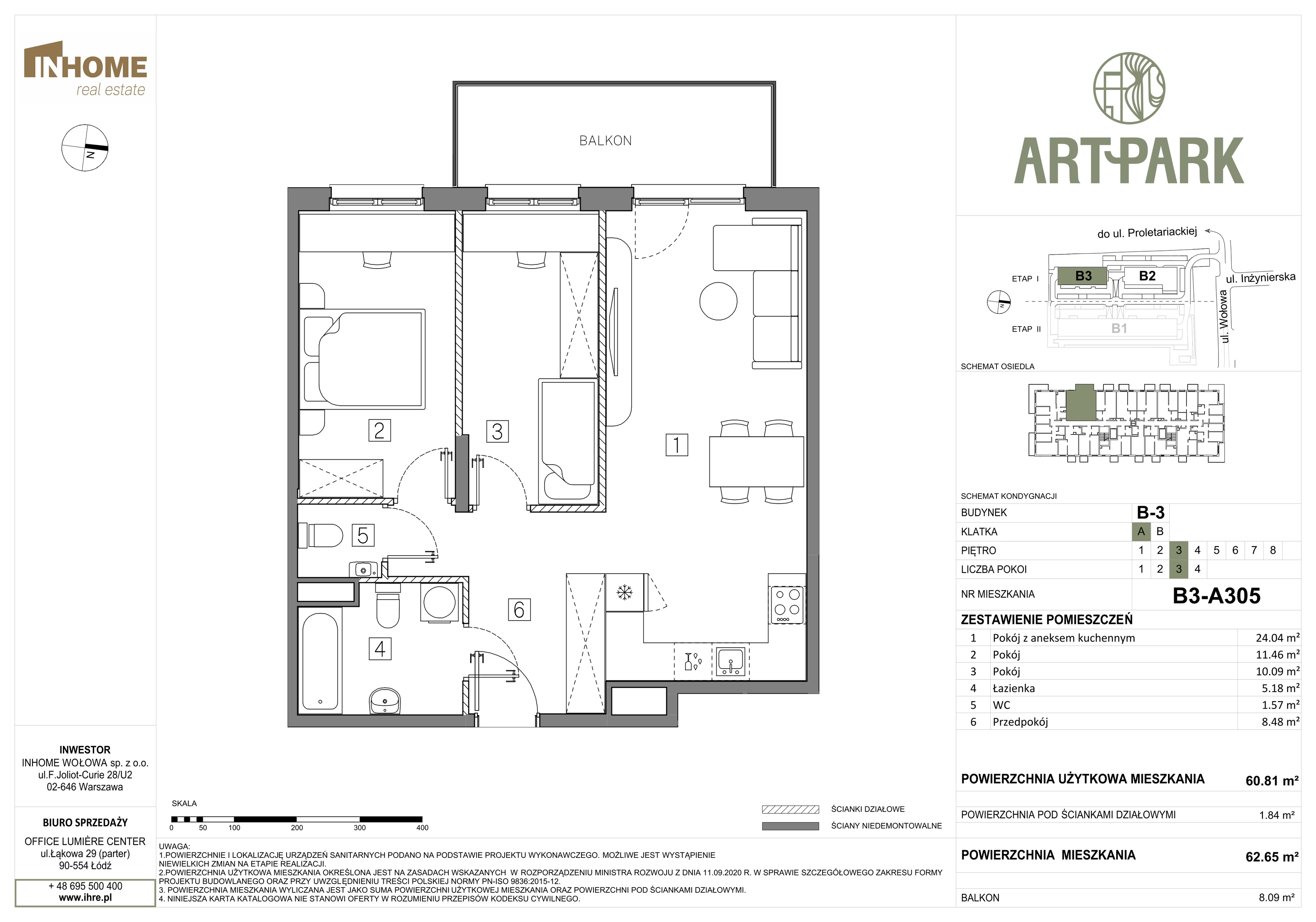 Mieszkanie 62,65 m², piętro 3, oferta nr B3/A305, ArtPark, Łódź, Polesie, ul. Wołowa-idx