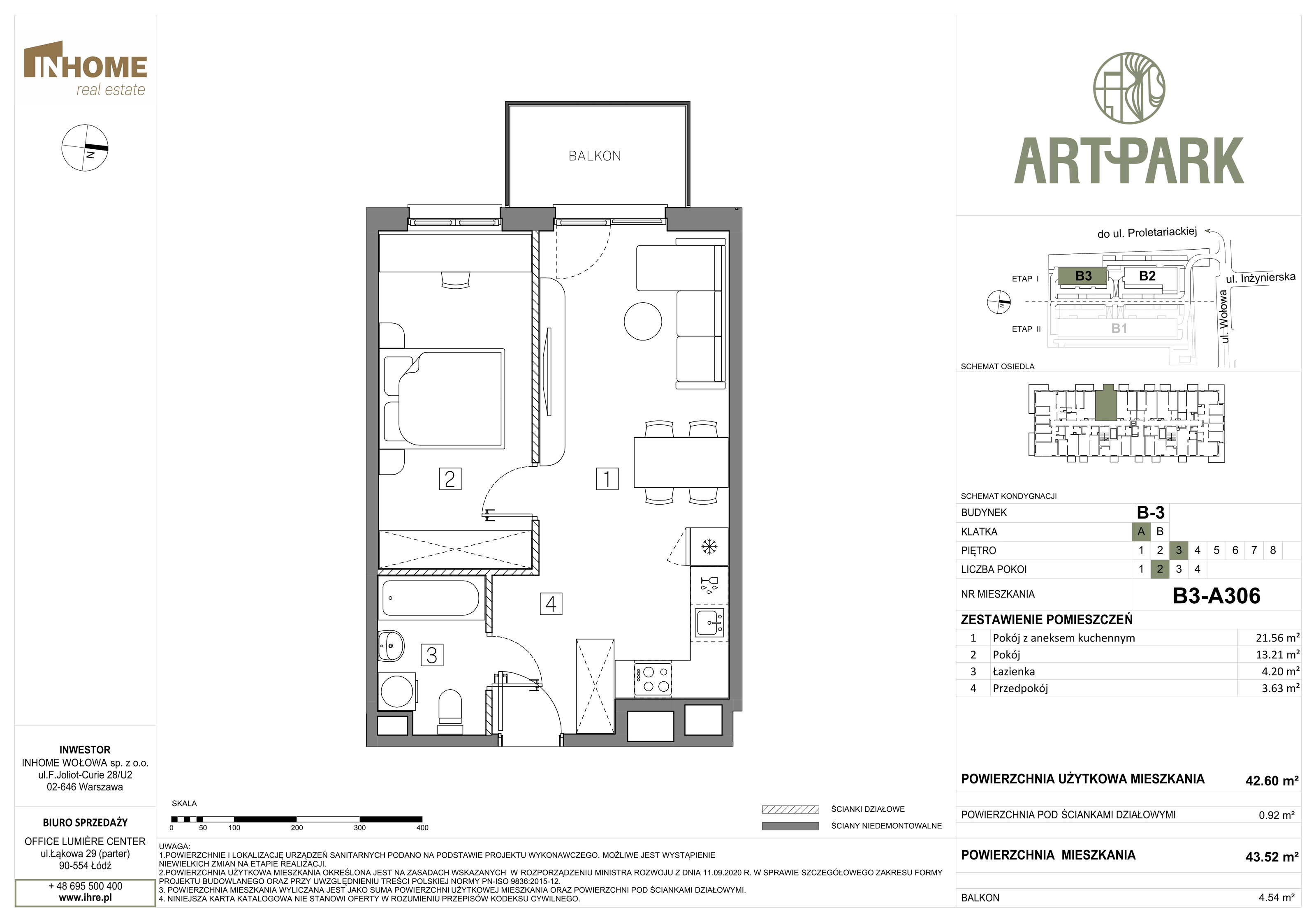 Mieszkanie 43,52 m², piętro 3, oferta nr B3/A306, ArtPark, Łódź, Polesie, ul. Wołowa-idx