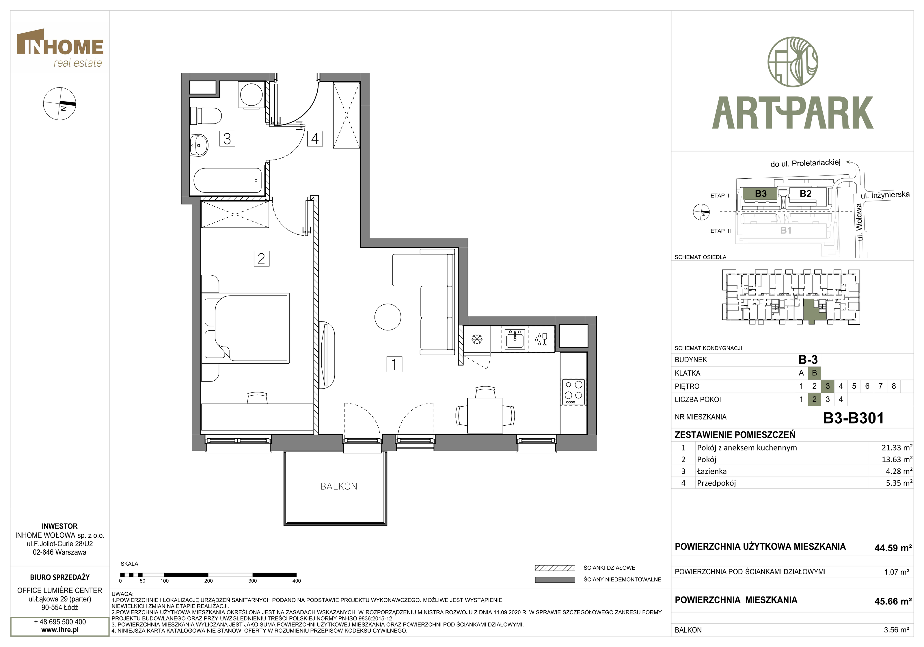 Mieszkanie 45,66 m², piętro 3, oferta nr B3/B301, ArtPark, Łódź, Polesie, ul. Wołowa-idx