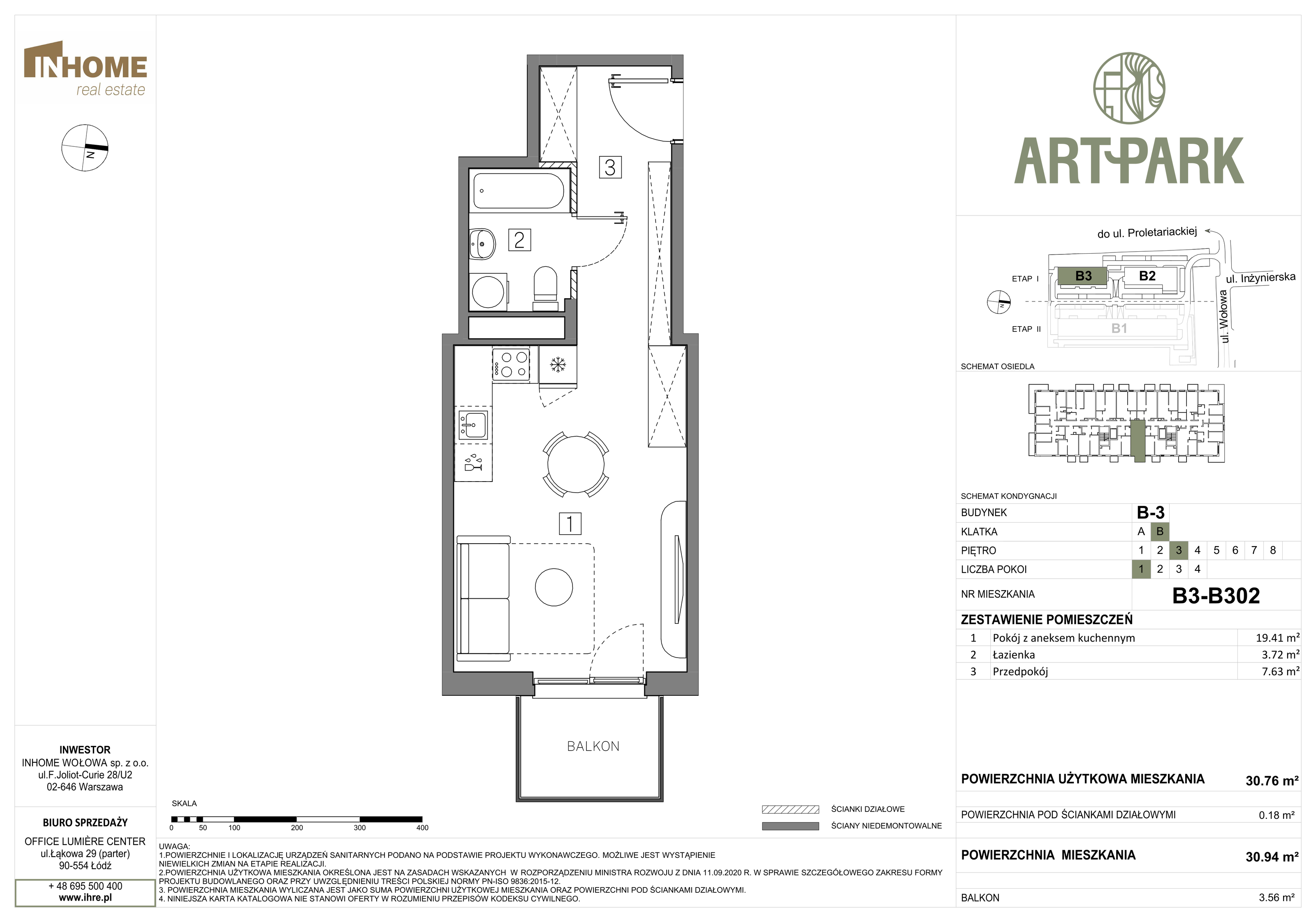 Mieszkanie 30,94 m², piętro 3, oferta nr B3/B302, ArtPark, Łódź, Polesie, ul. Wołowa-idx