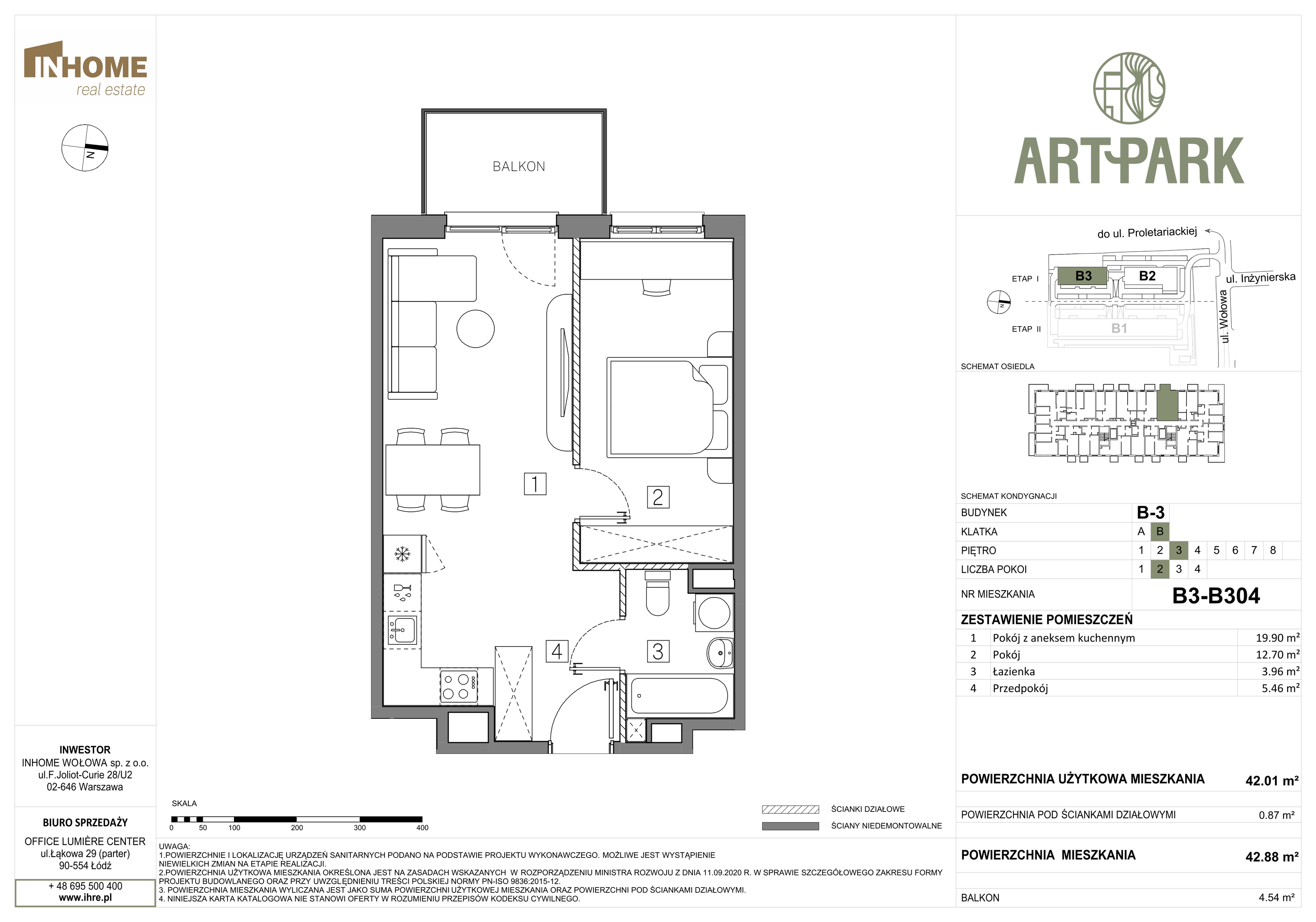 Mieszkanie 42,88 m², piętro 3, oferta nr B3/B304, ArtPark, Łódź, Polesie, ul. Wołowa-idx