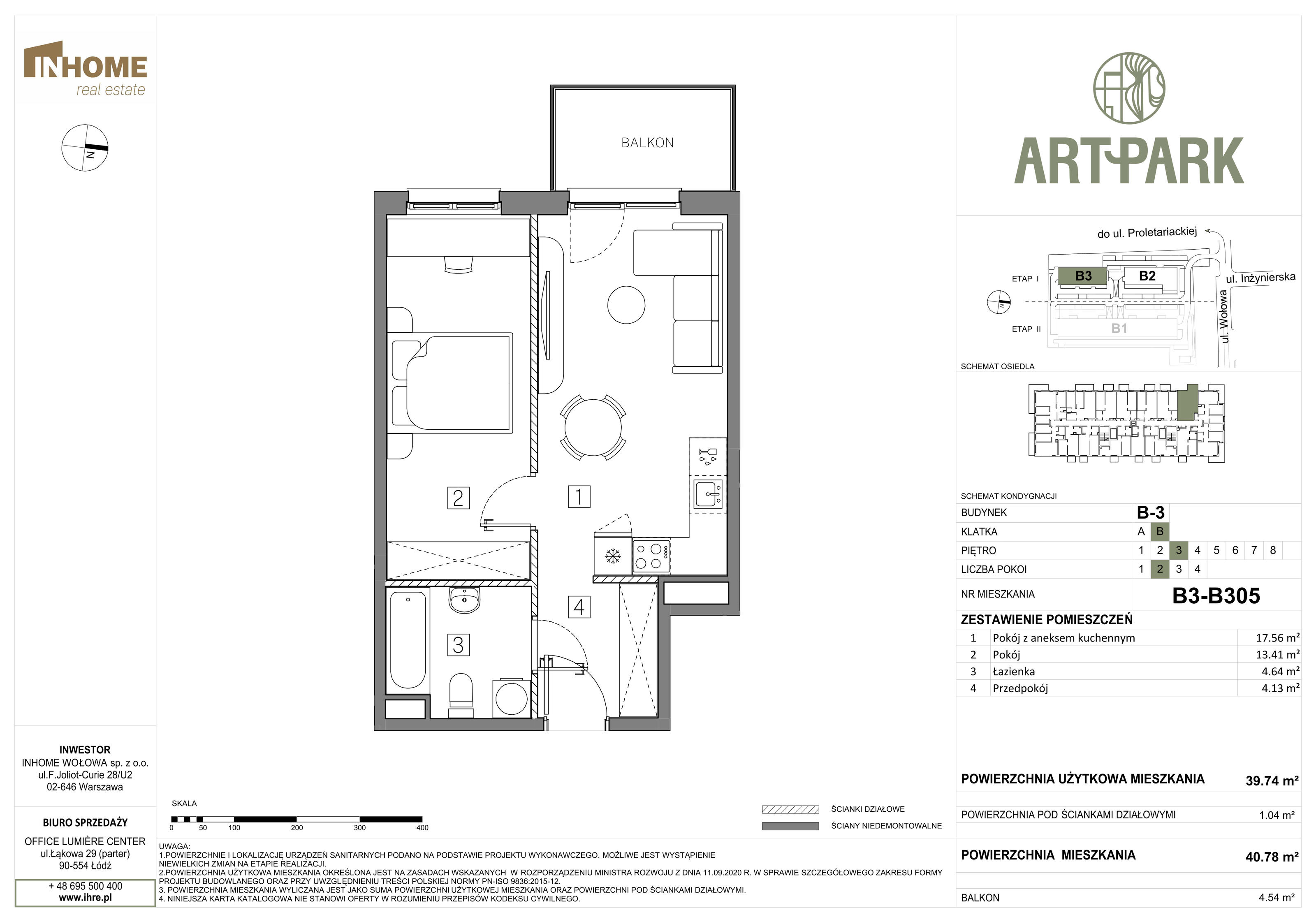 Mieszkanie 40,78 m², piętro 3, oferta nr B3/B305, ArtPark, Łódź, Polesie, ul. Wołowa-idx