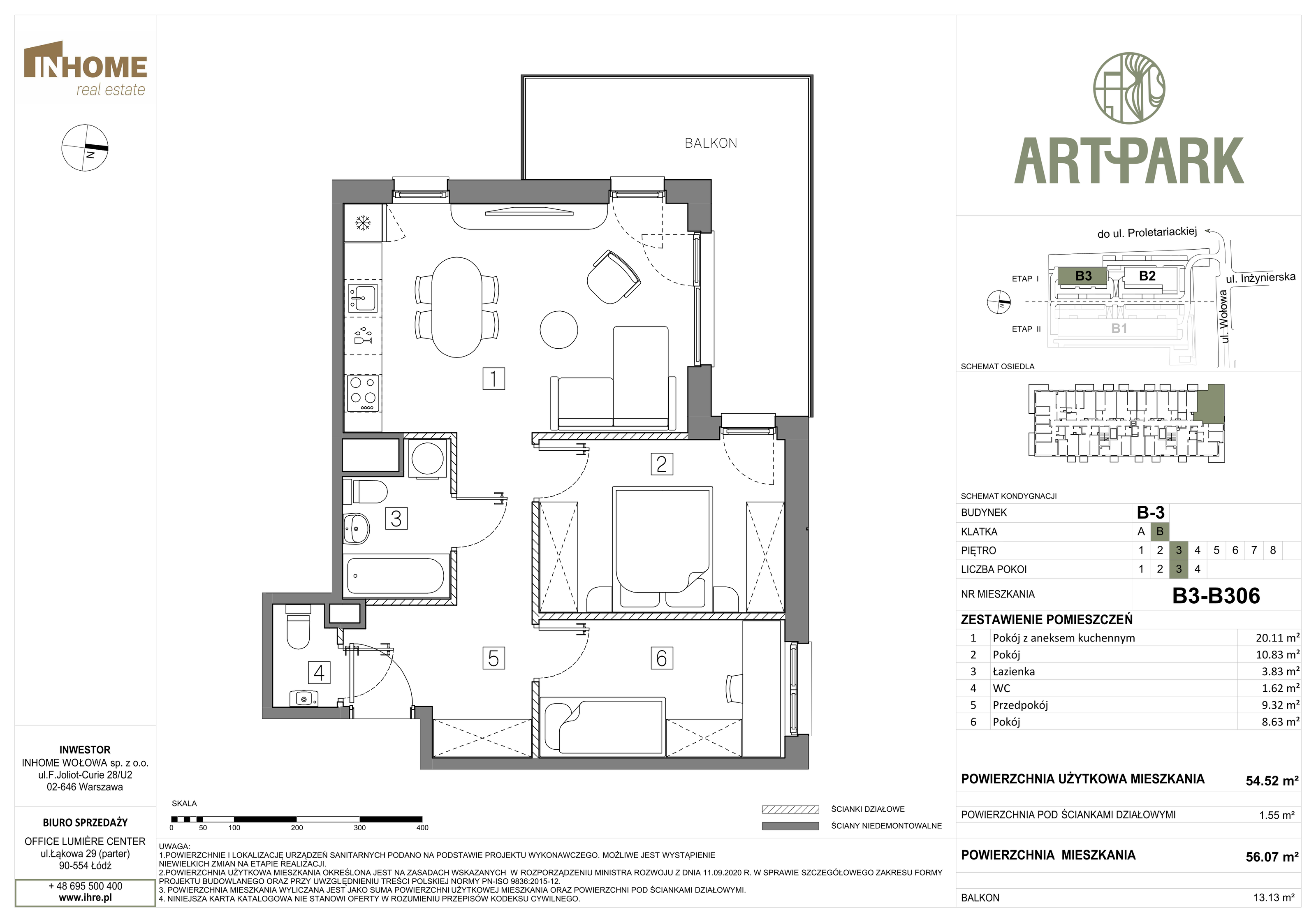 Mieszkanie 56,07 m², piętro 3, oferta nr B3/B306, ArtPark, Łódź, Polesie, ul. Wołowa-idx