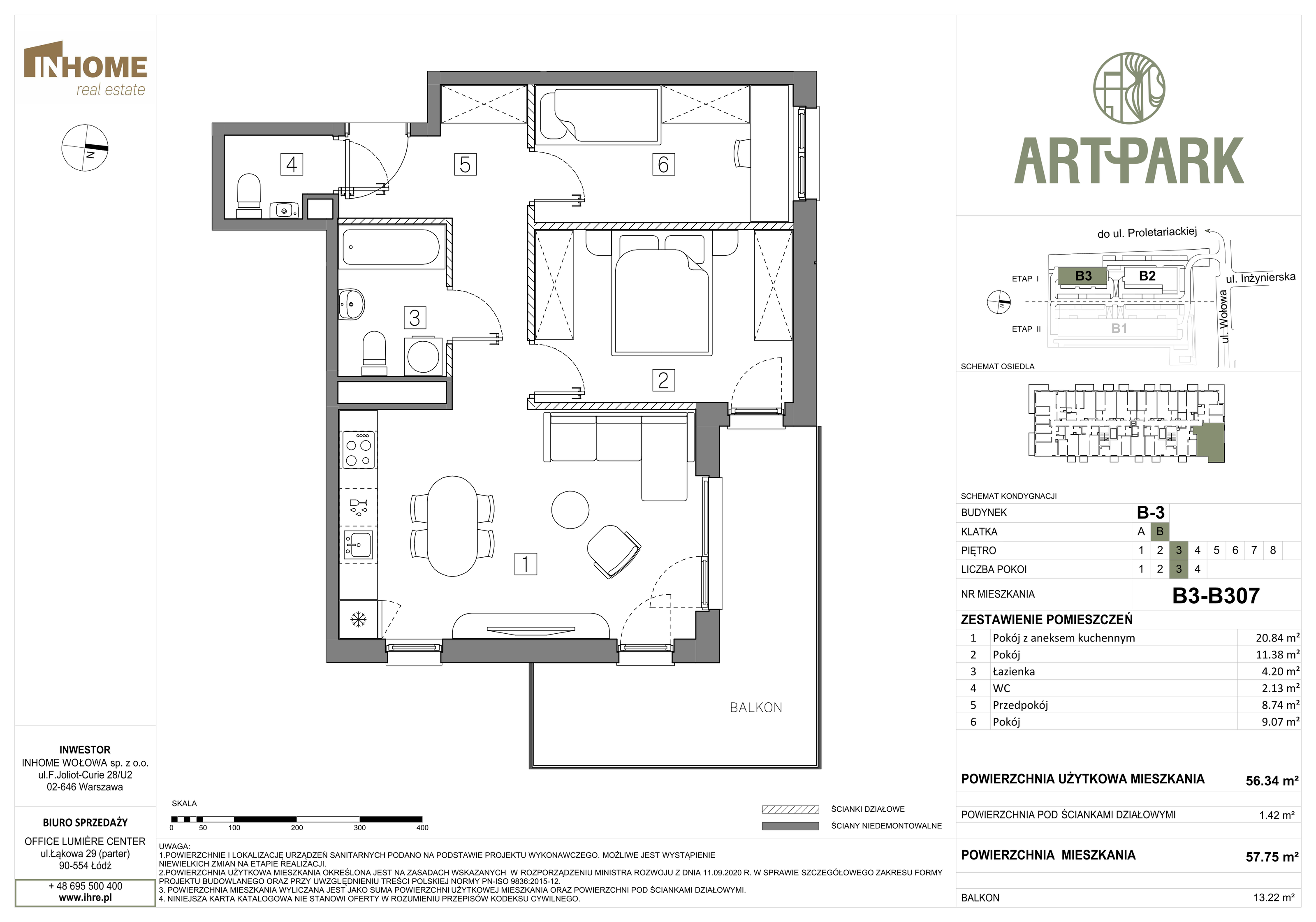 Mieszkanie 57,75 m², piętro 3, oferta nr B3/B307, ArtPark, Łódź, Polesie, ul. Wołowa-idx