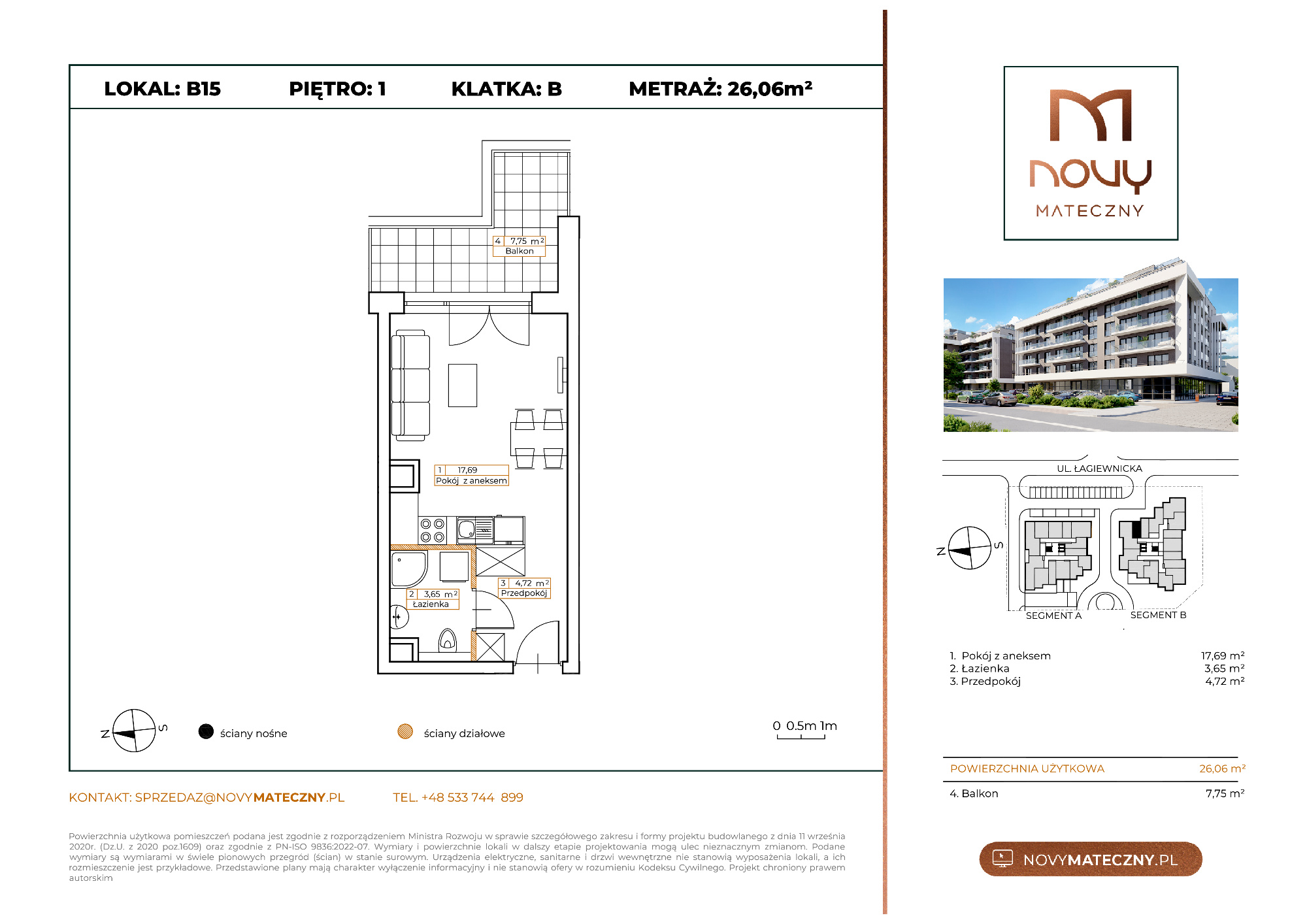 Mieszkanie 26,06 m², piętro 1, oferta nr B15, Novy Mateczny, Kraków, Podgórze, ul. Łagiewnicka-idx