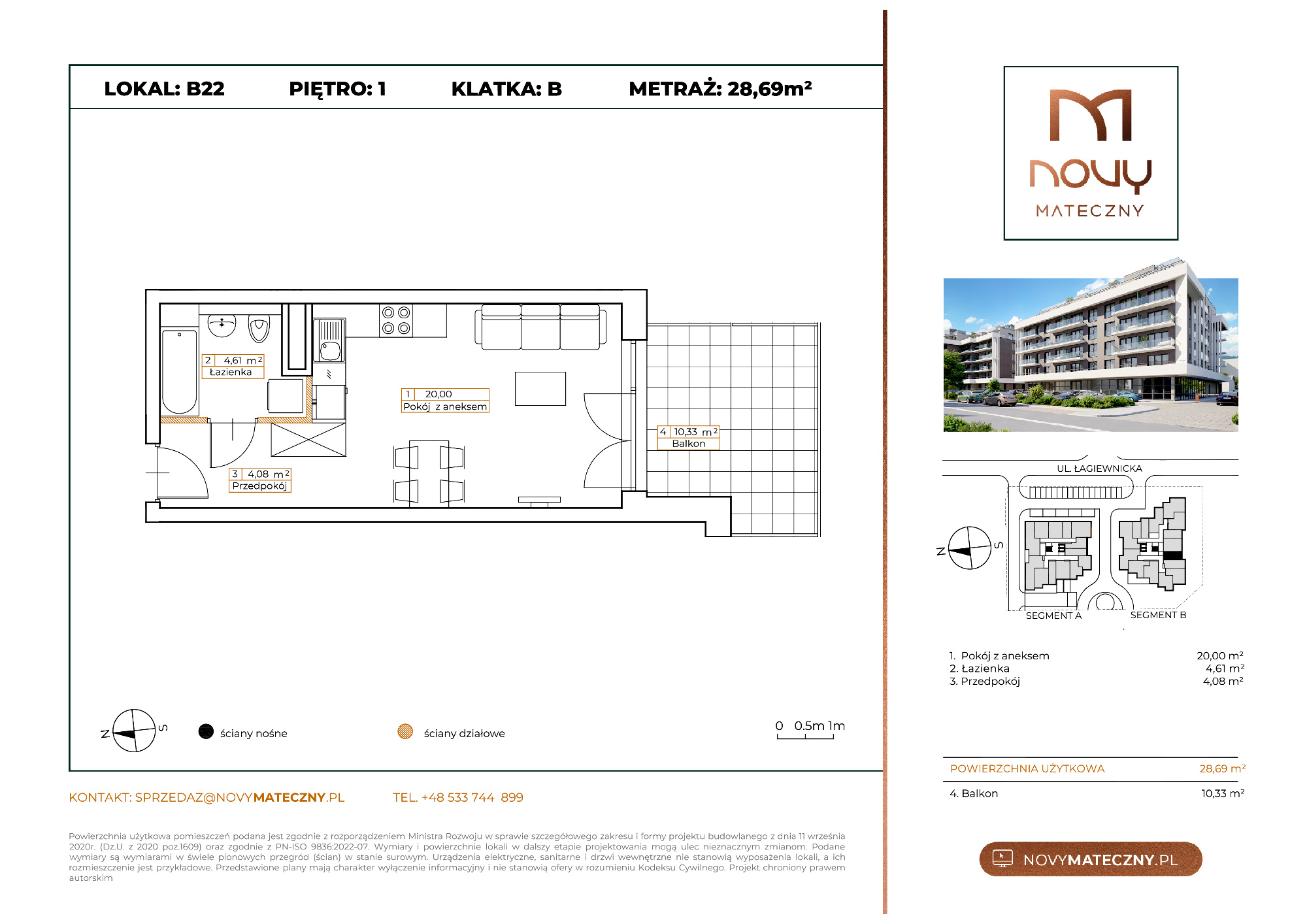 Mieszkanie 28,69 m², piętro 1, oferta nr B22, Novy Mateczny, Kraków, Podgórze, ul. Łagiewnicka-idx