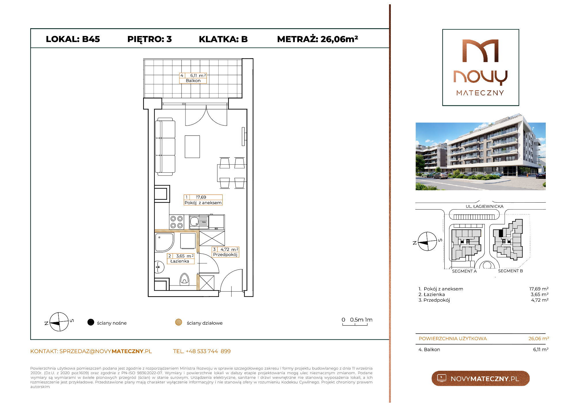 Mieszkanie 26,06 m², piętro 3, oferta nr B45, Novy Mateczny, Kraków, Podgórze, ul. Łagiewnicka-idx