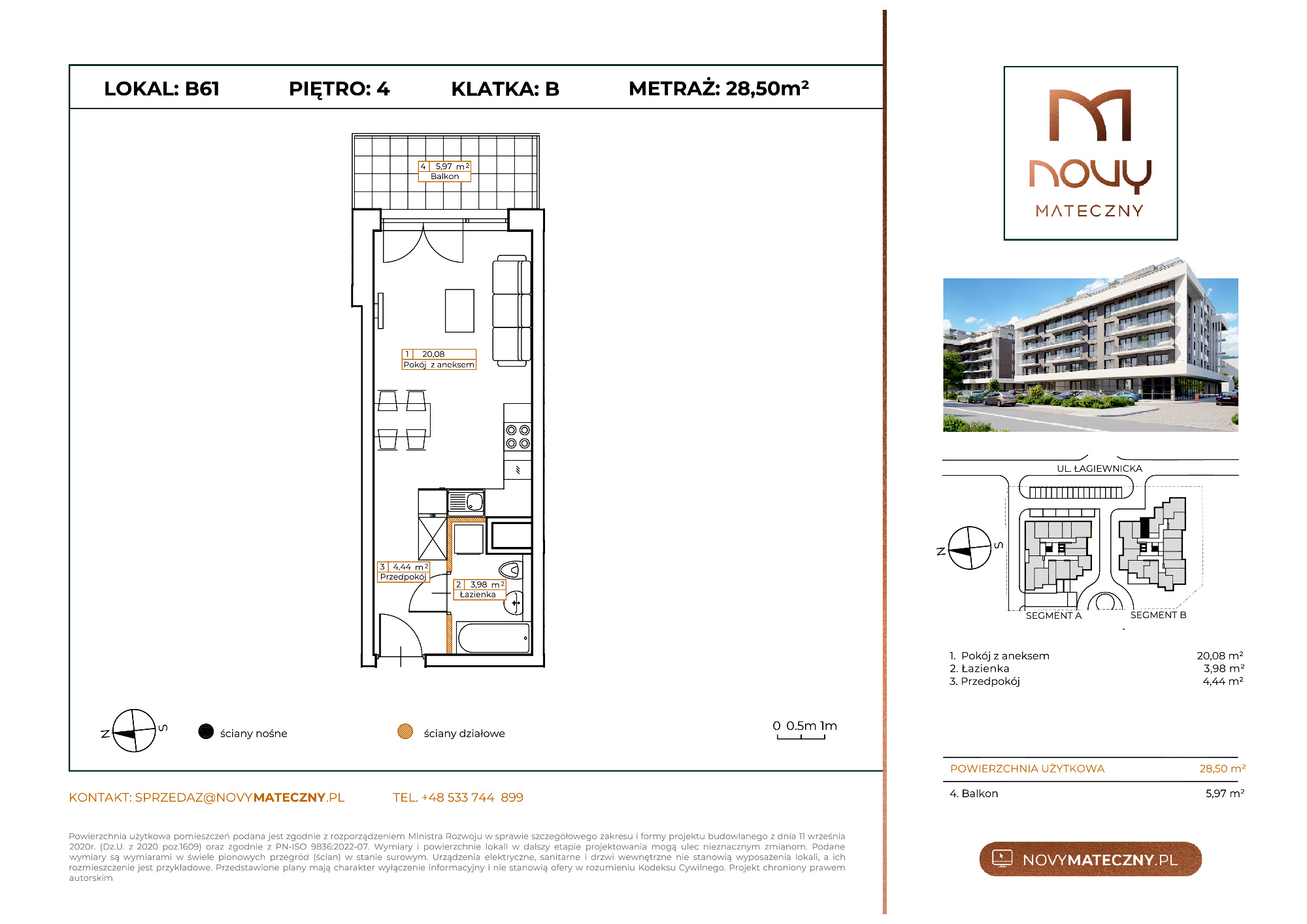 Mieszkanie 28,50 m², piętro 4, oferta nr B61, Novy Mateczny, Kraków, Podgórze, ul. Łagiewnicka-idx