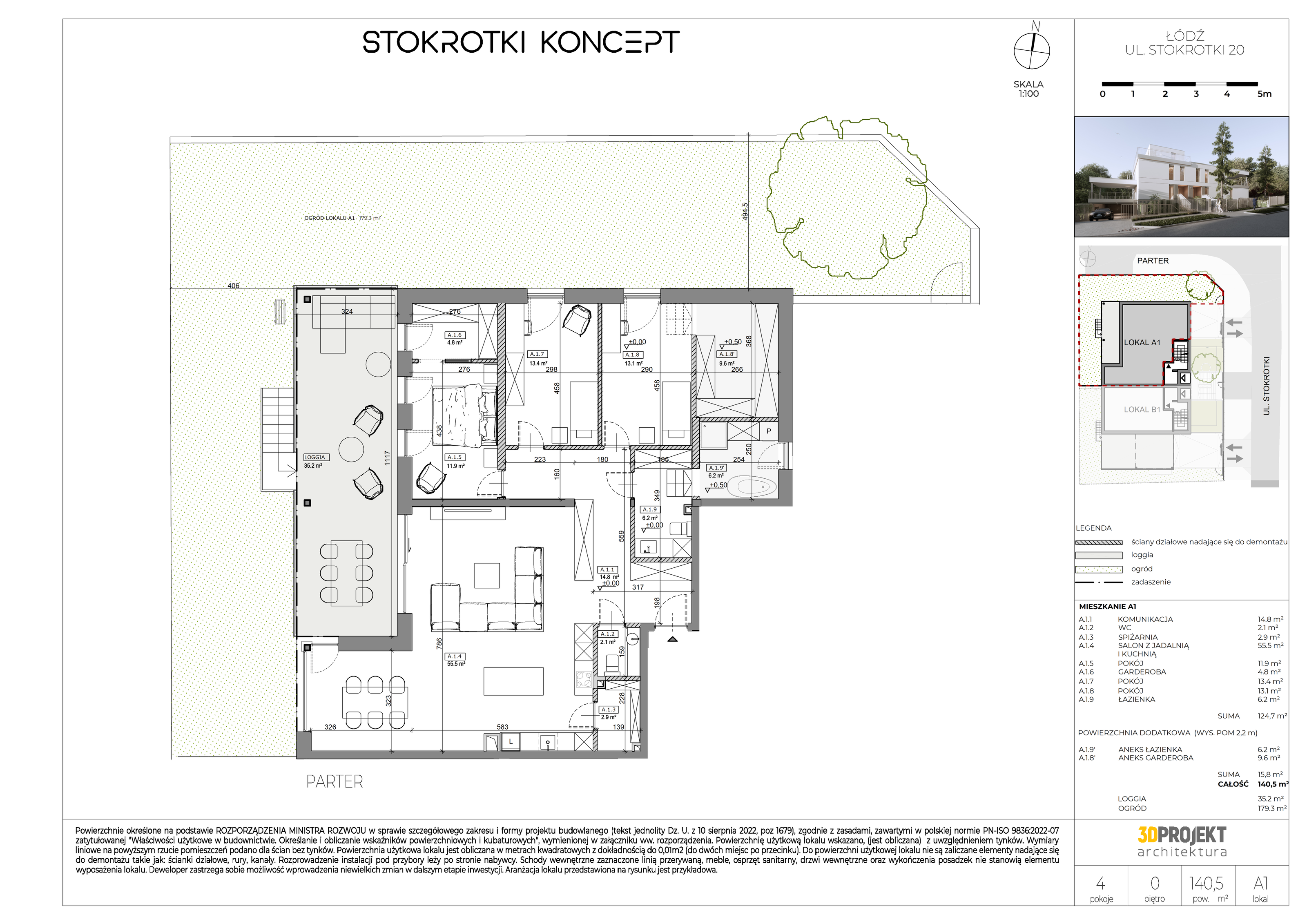 Apartament 140,50 m², parter, oferta nr A1, Stokrotki Koncept, Łódź, Bałuty, ul. Stokrotki 20-idx