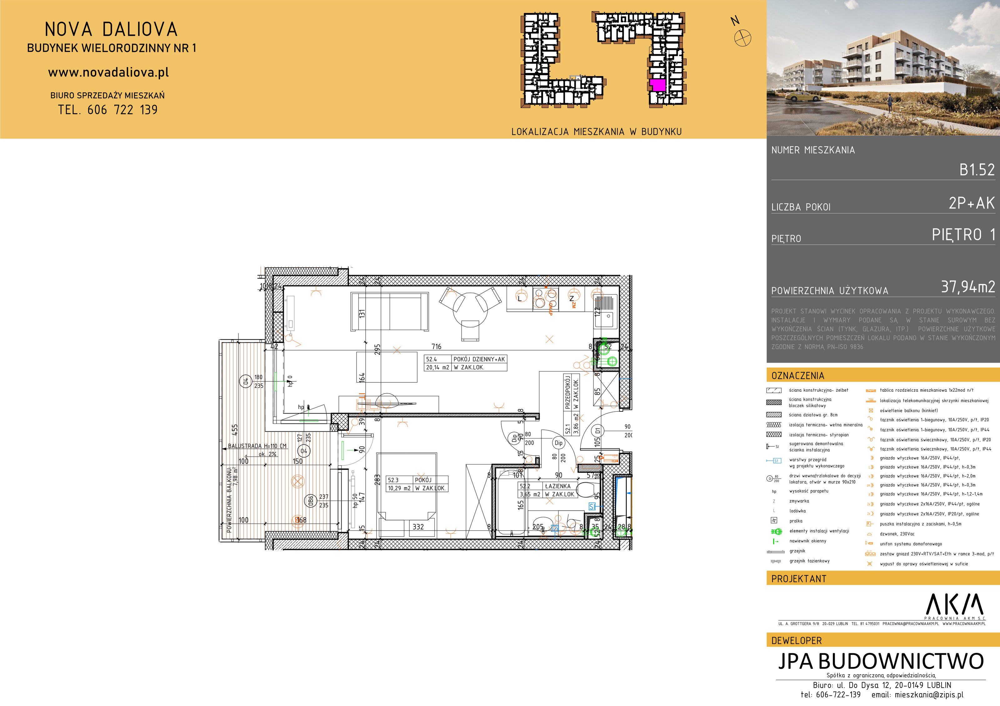 Mieszkanie 37,94 m², piętro 1, oferta nr B1.52, Nova Daliova, Lublin, Ponikwoda, ul. Daliowa-idx