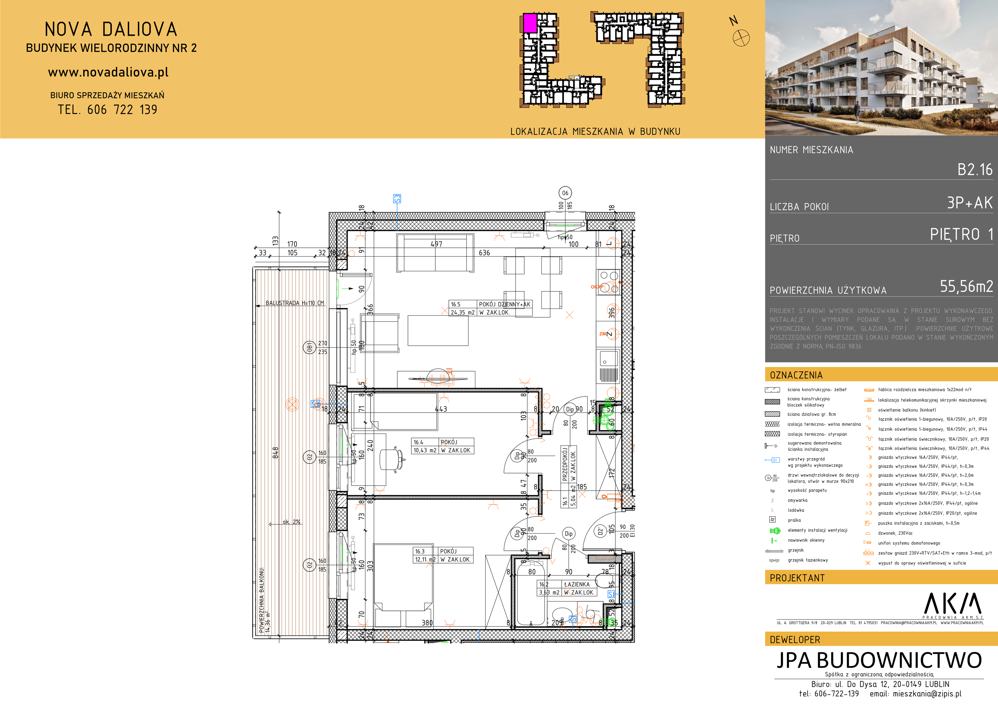 Mieszkanie 55,56 m², piętro 1, oferta nr B2.16, Nova Daliova, Lublin, Ponikwoda, ul. Daliowa-idx