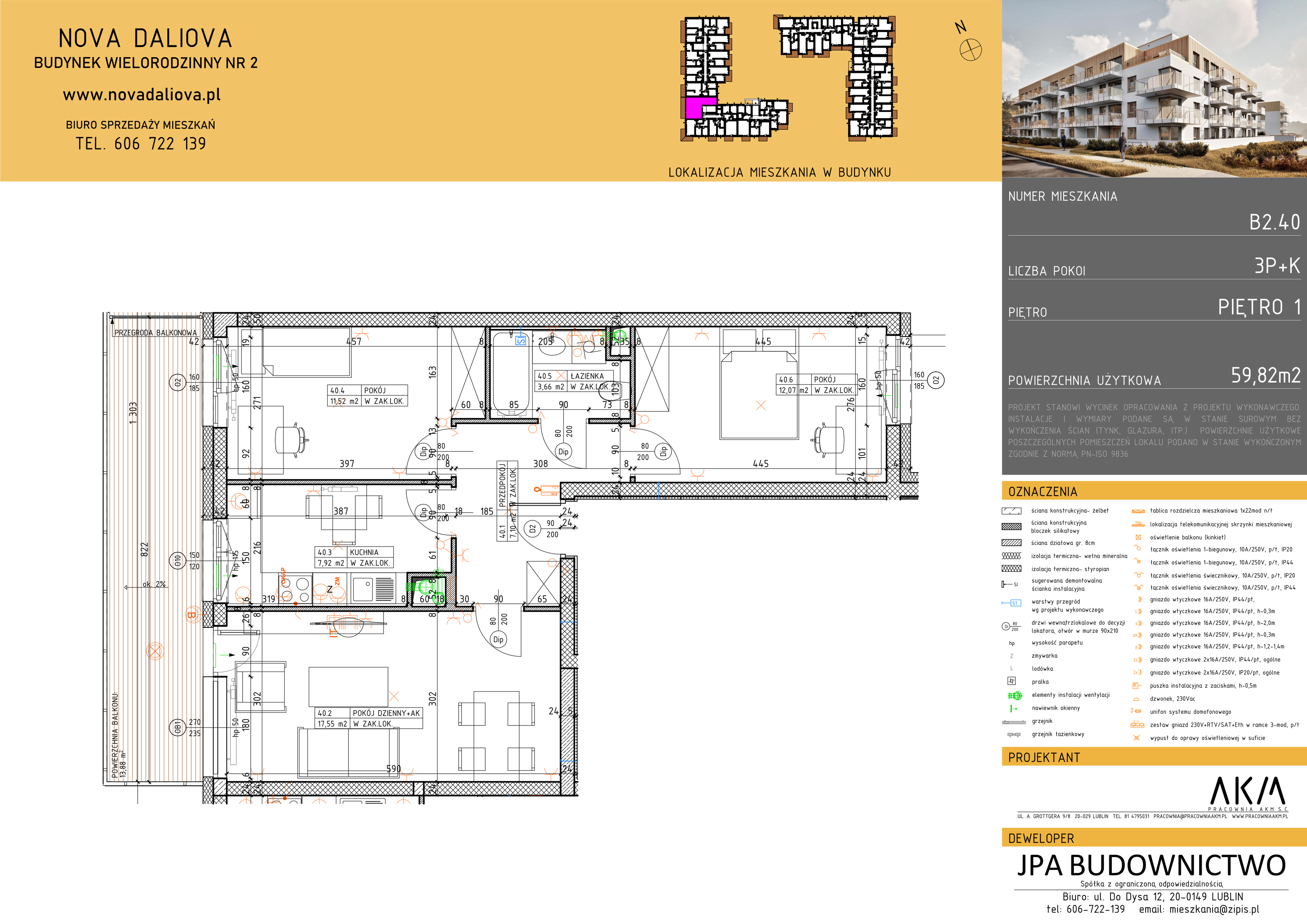 Mieszkanie 59,82 m², piętro 1, oferta nr B2.40, Nova Daliova, Lublin, Ponikwoda, ul. Daliowa-idx