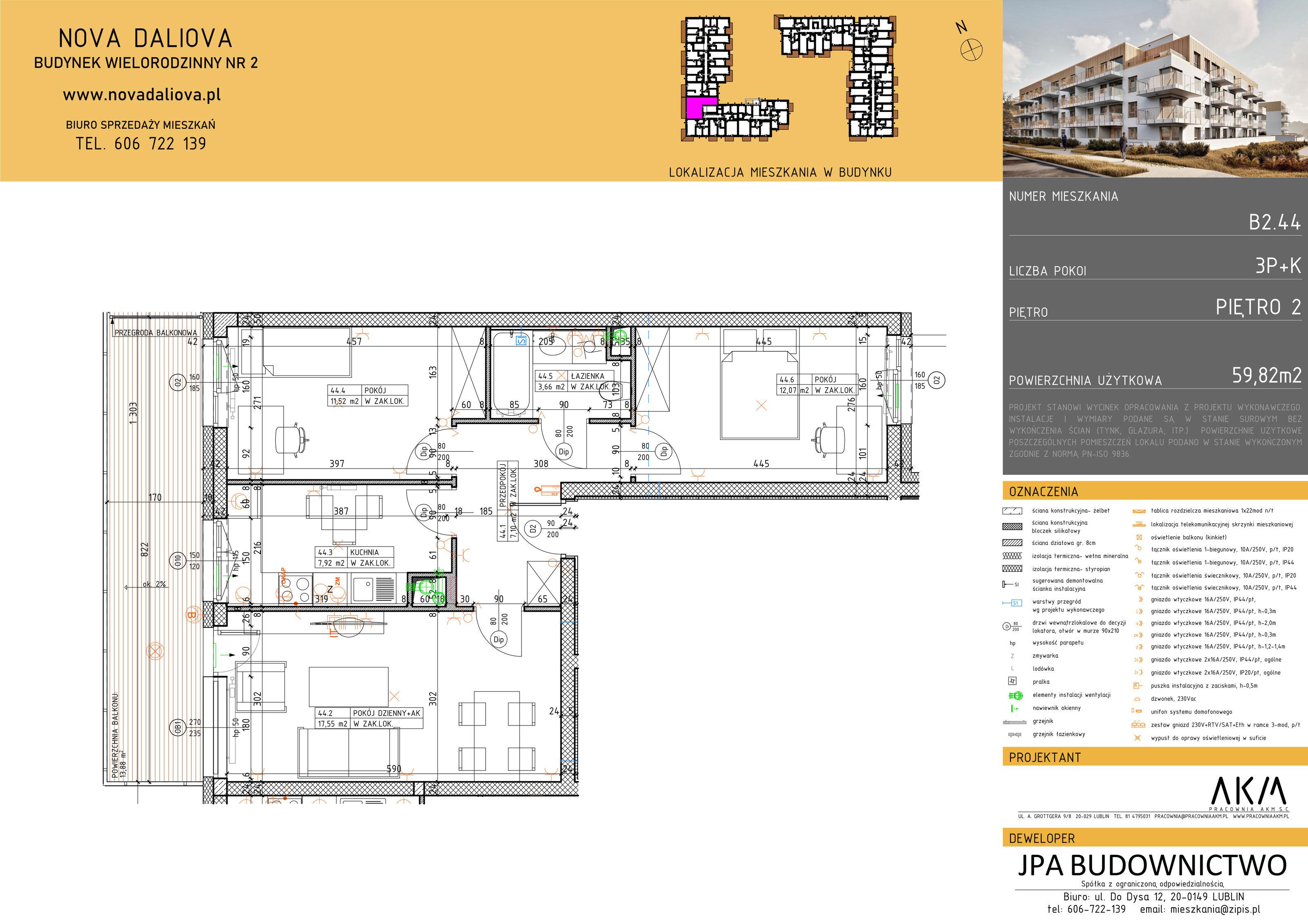 Mieszkanie 59,82 m², piętro 2, oferta nr B2.44, Nova Daliova, Lublin, Ponikwoda, ul. Daliowa-idx