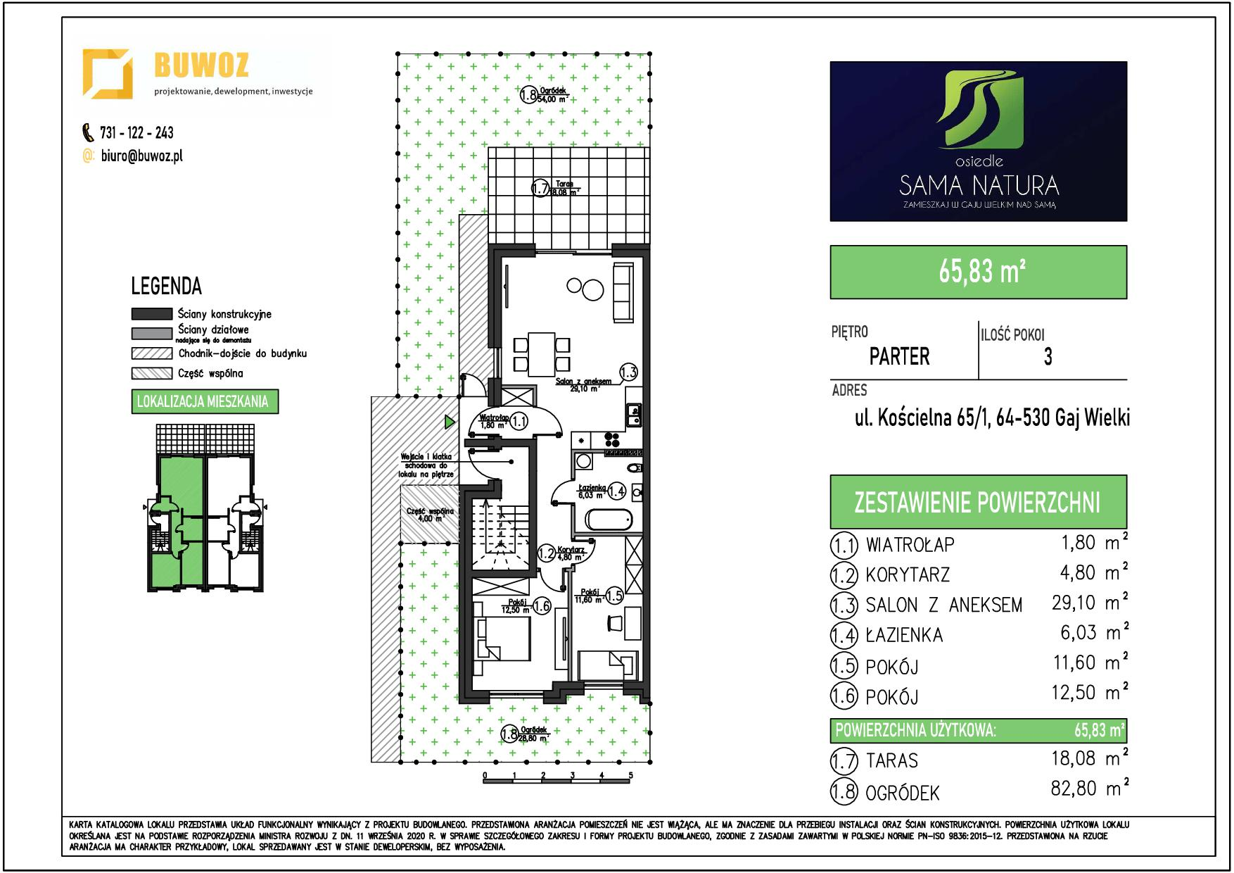 Mieszkanie 65,83 m², parter, oferta nr 65/1, Osiedle Sama Natura, Gaj Wielki, ul. Kościelna 65-idx