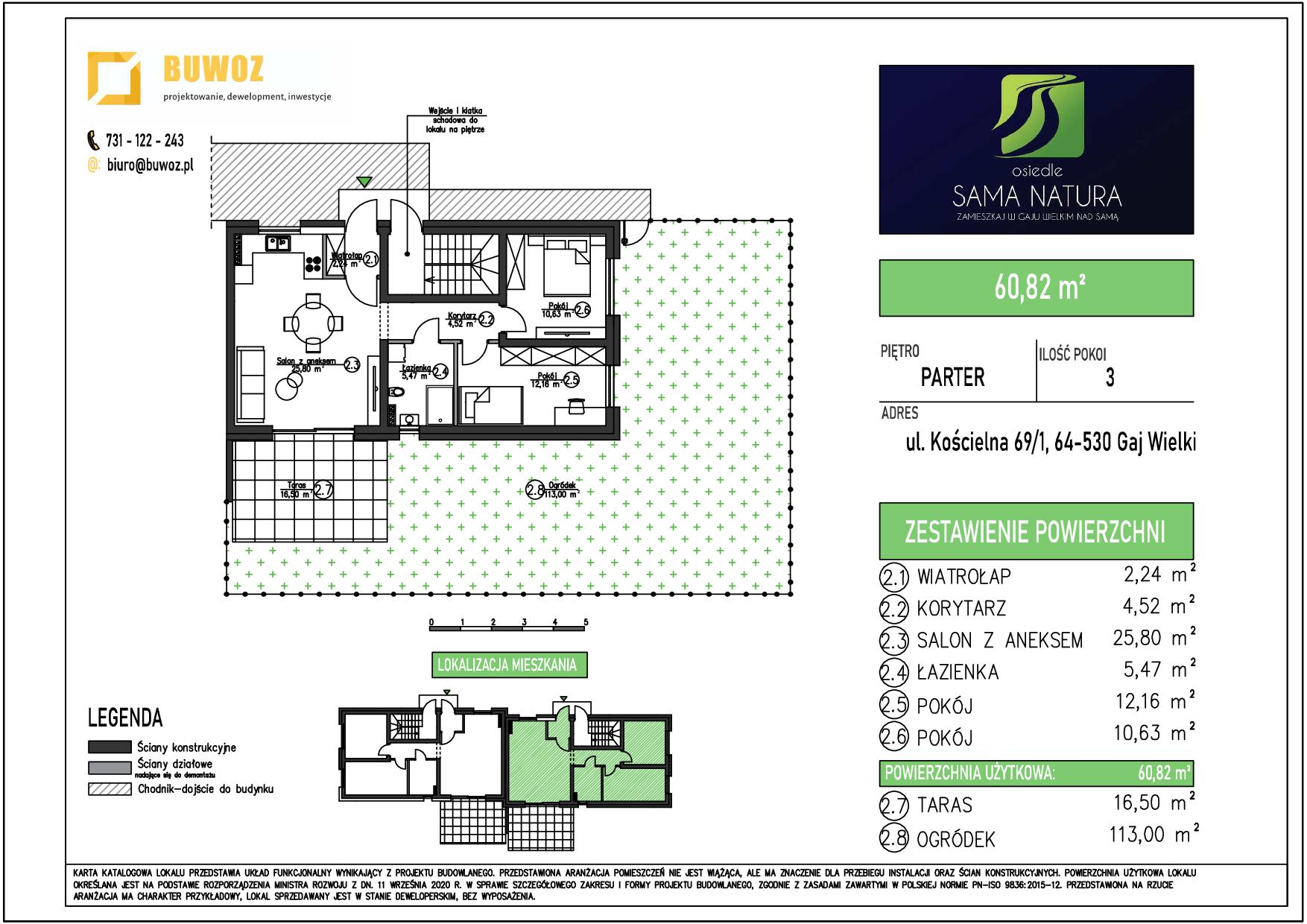 Mieszkanie 60,82 m², parter, oferta nr 69/1, Osiedle Sama Natura, Gaj Wielki, ul. Kościelna 65-idx