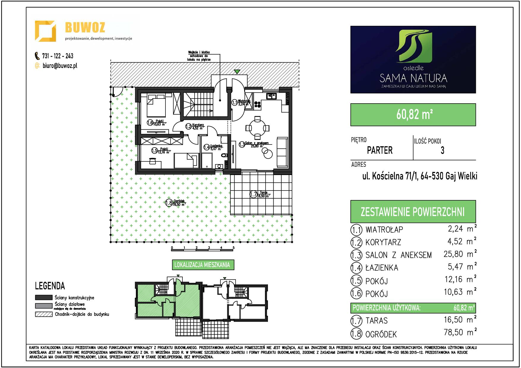 Mieszkanie 60,82 m², parter, oferta nr 71/1, Osiedle Sama Natura, Gaj Wielki, ul. Kościelna 65-idx