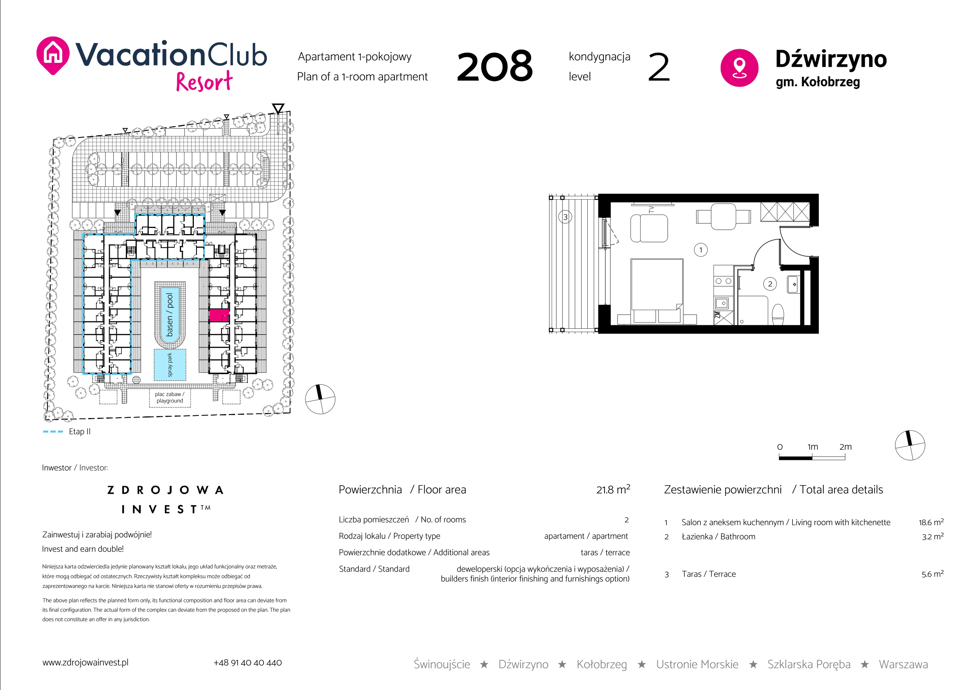 Apartament 21,80 m², piętro 1, oferta nr 208, Vacation Club Resort - apartamenty wakacyjne, Dźwirzyno, ul. Wczasowa 8-idx