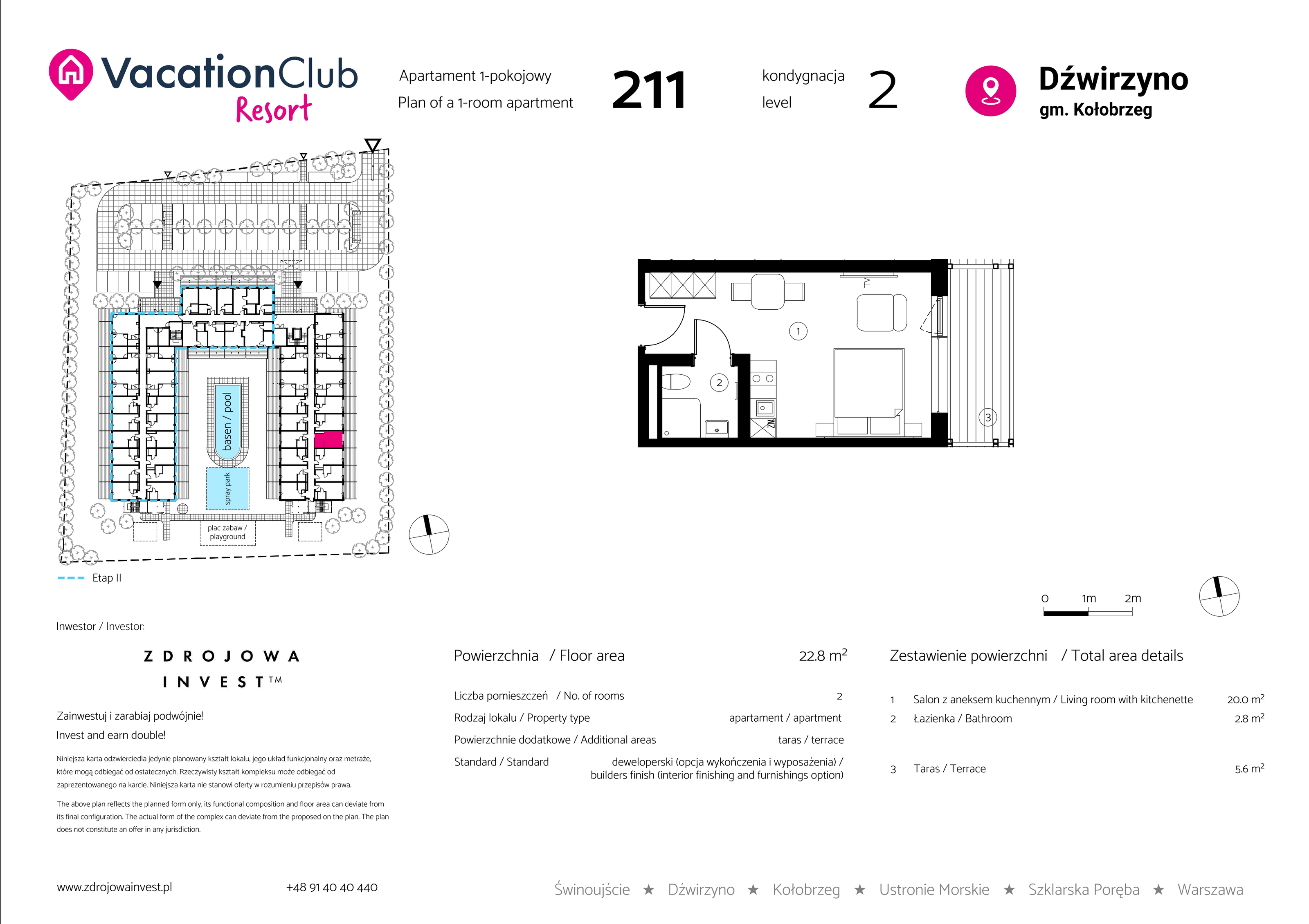 Apartament 22,80 m², piętro 1, oferta nr 211, Vacation Club Resort - apartamenty wakacyjne, Dźwirzyno, ul. Wczasowa 8-idx