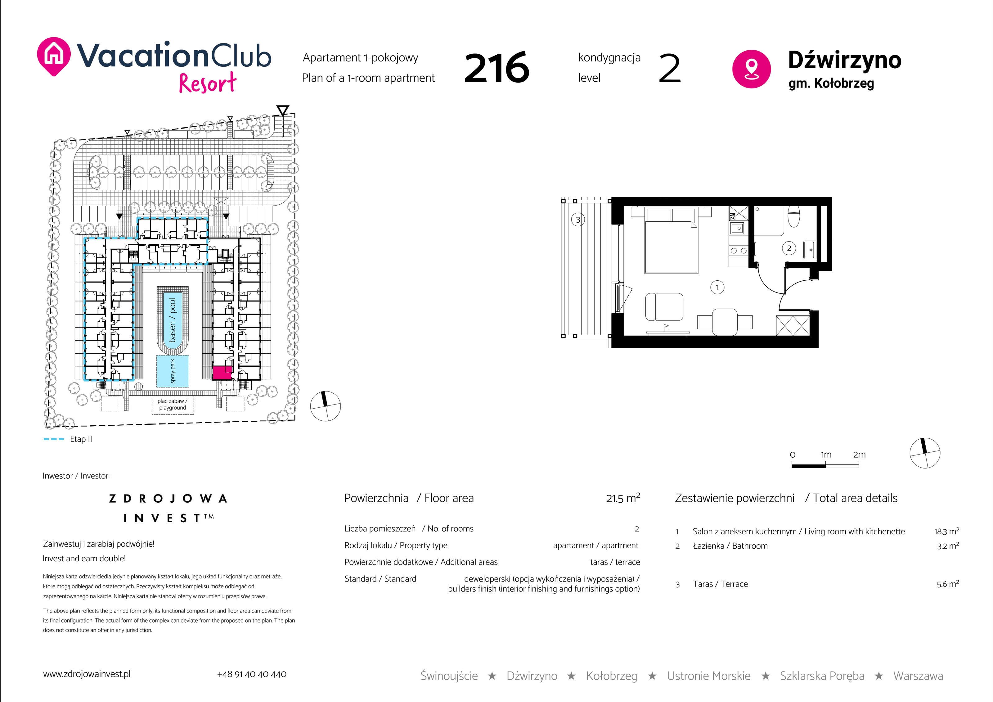 Apartament 21,50 m², piętro 1, oferta nr 216, Vacation Club Resort - apartamenty wakacyjne, Dźwirzyno, ul. Wczasowa 8-idx