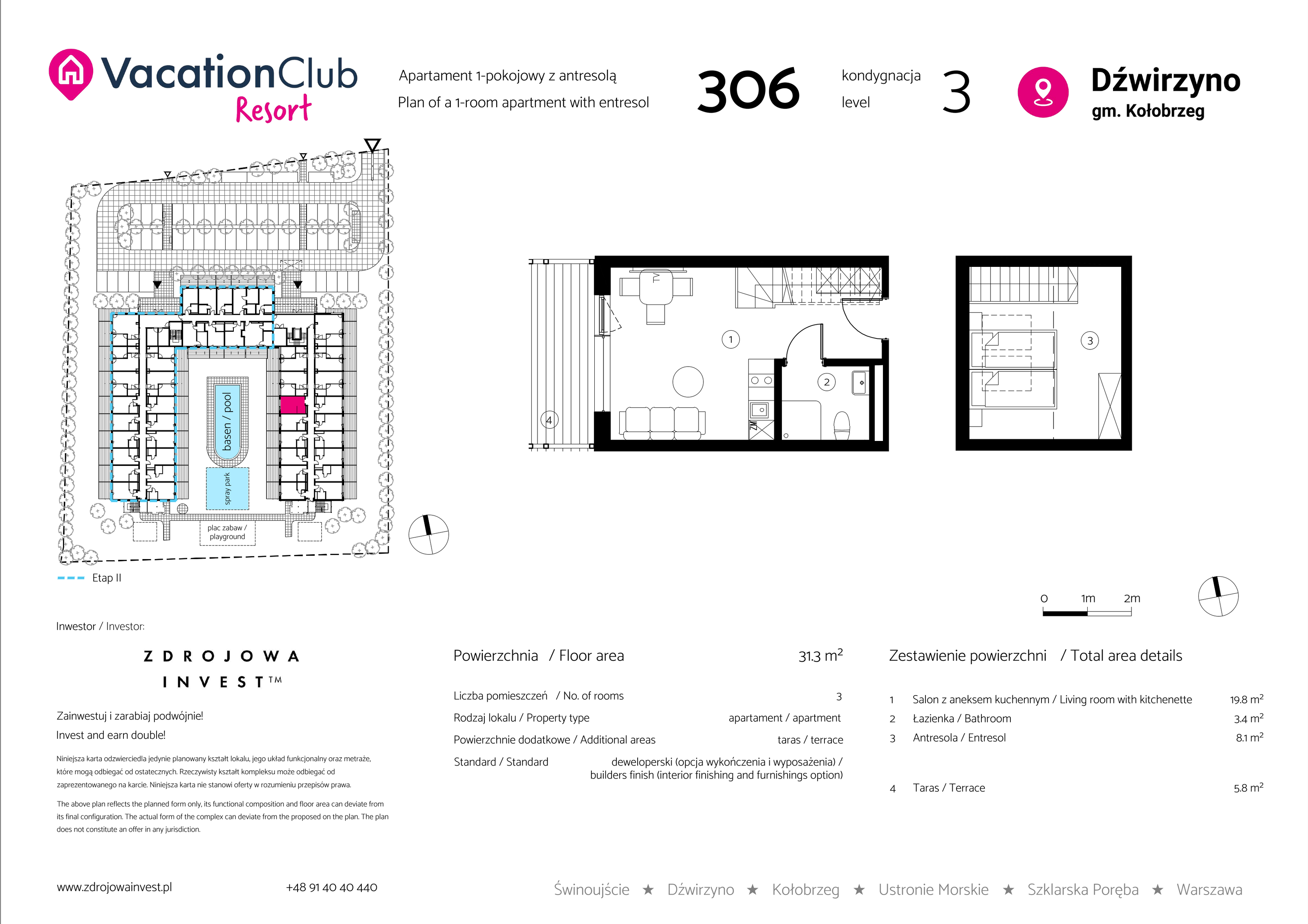 Apartament 31,30 m², piętro 2, oferta nr 306, Vacation Club Resort - apartamenty wakacyjne, Dźwirzyno, ul. Wczasowa 8-idx