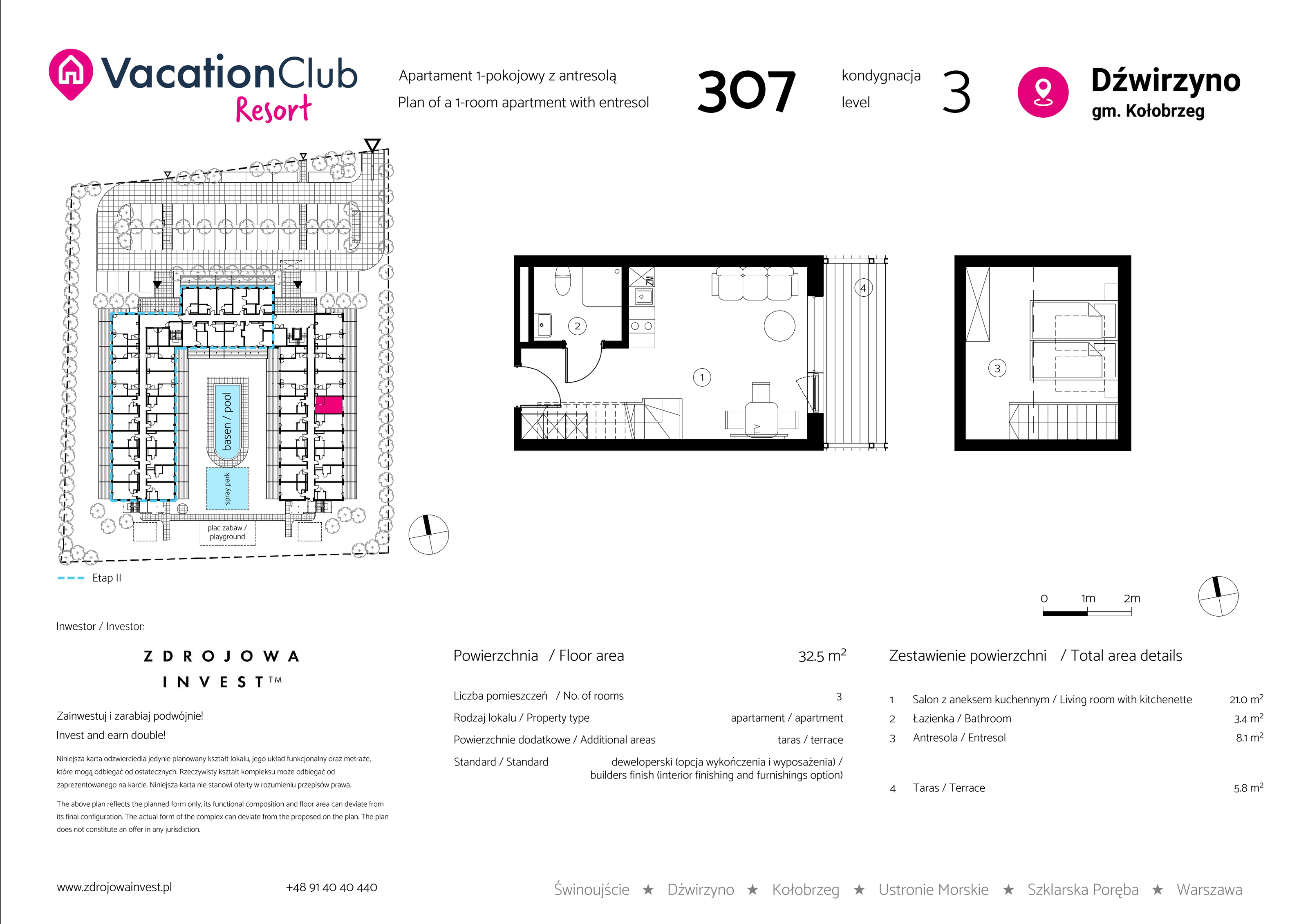 Apartament 32,50 m², piętro 2, oferta nr 307, Vacation Club Resort - apartamenty wakacyjne, Dźwirzyno, ul. Wczasowa 8-idx